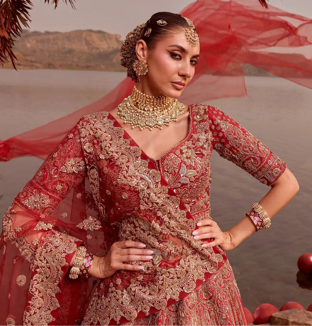 Red Bridal Lehenga with Intricate Hand Embroidery - Image 3