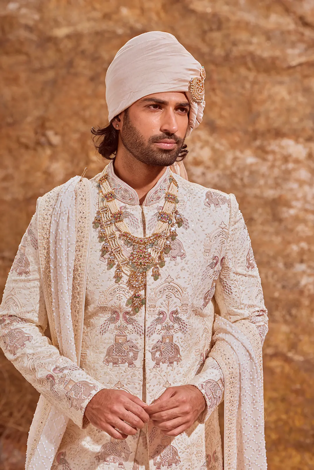Off White Sherwani with Elephant & Peacock Embroidery - Image 3
