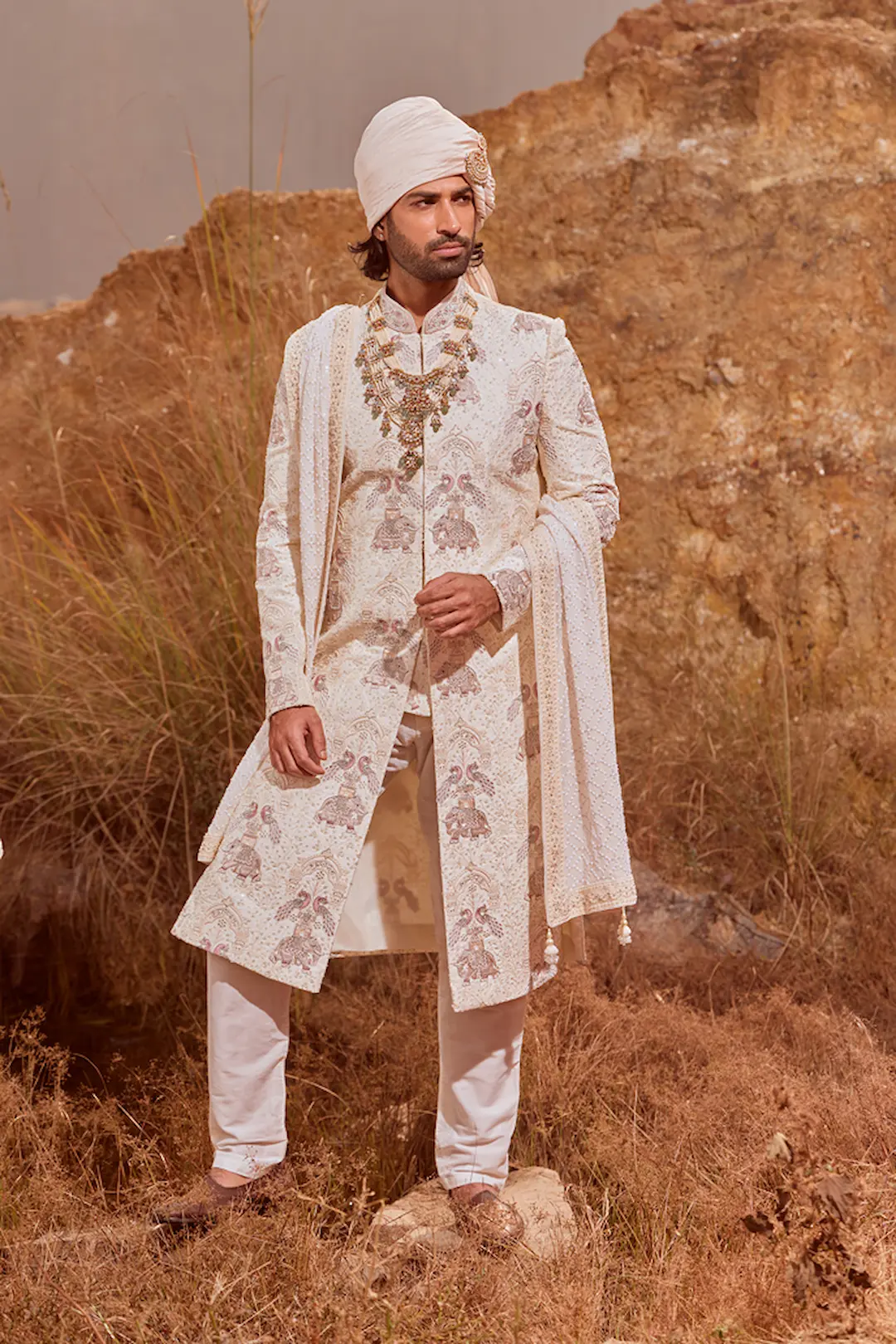 Off White Sherwani with Elephant & Peacock Embroidery - Image 4