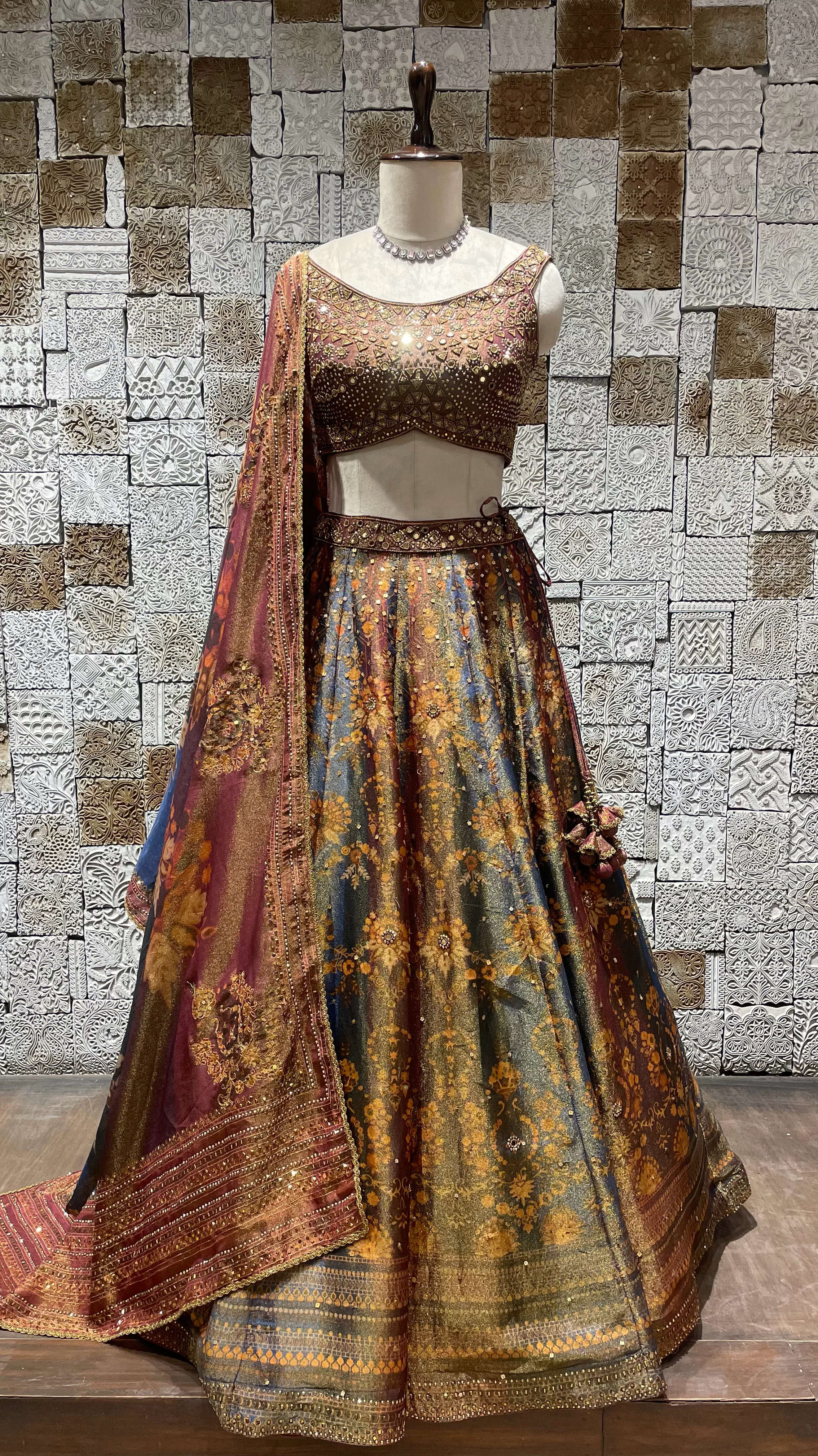 Multicolour Tissue Lehenga with Mirrorwork, Sequins & Zari Work