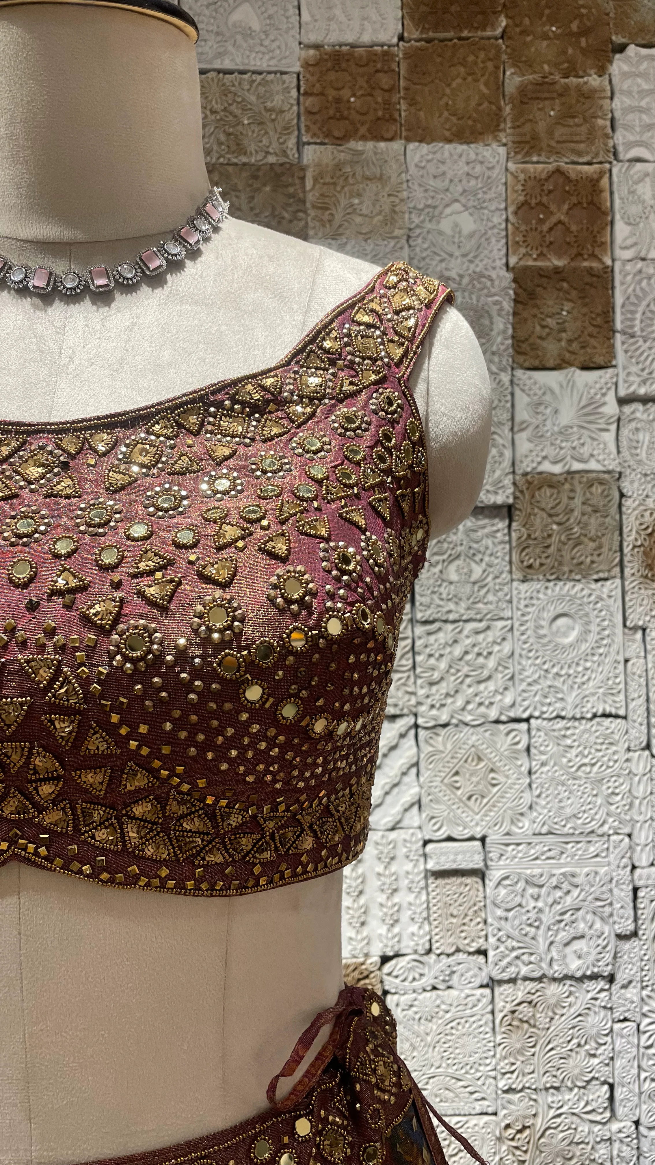 Multicolour Tissue Lehenga with Mirrorwork, Sequins & Zari Work - Image 2