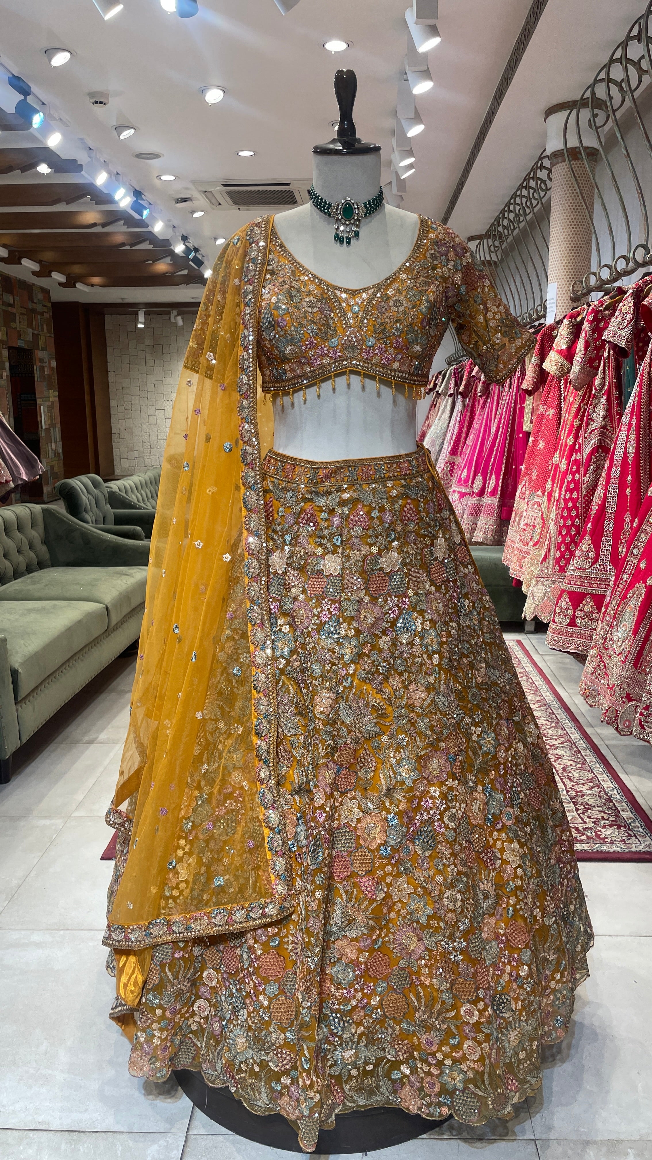 Mustard Organza Lehenga with Floral Motifs