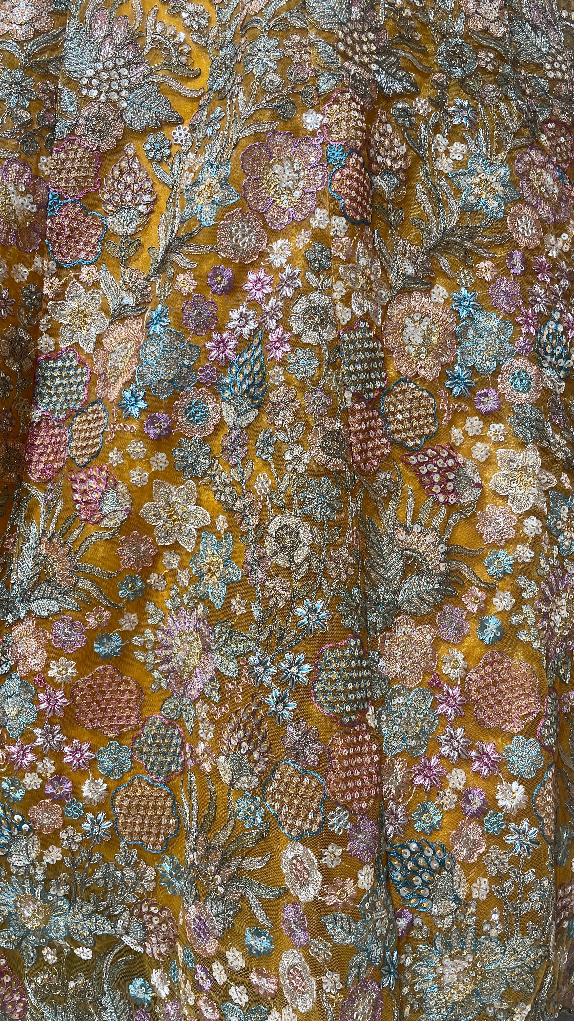 Mustard Organza Lehenga with Floral Motifs - Image 2