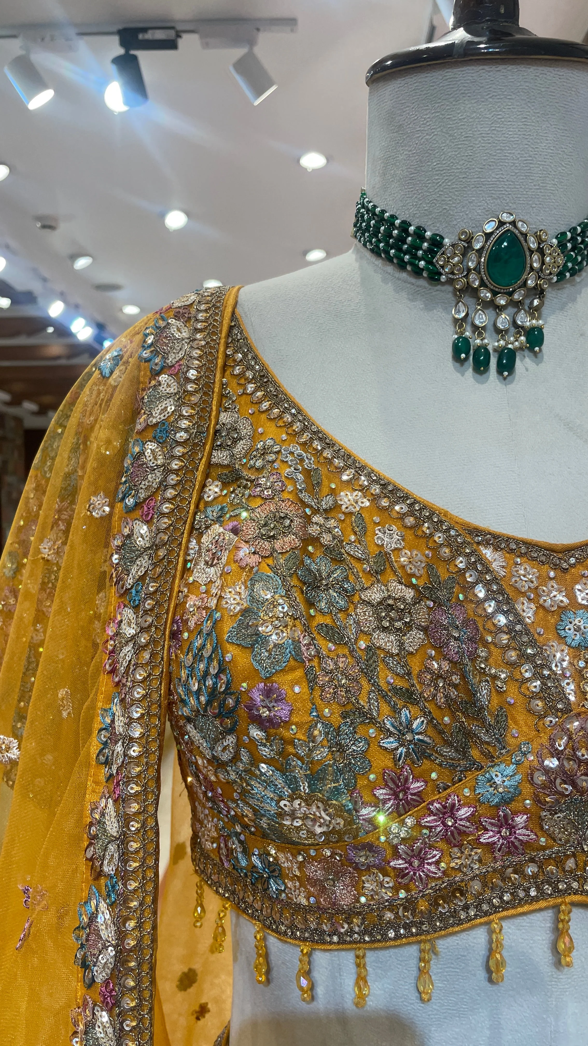 Mustard Organza Lehenga with Floral Motifs - Image 3