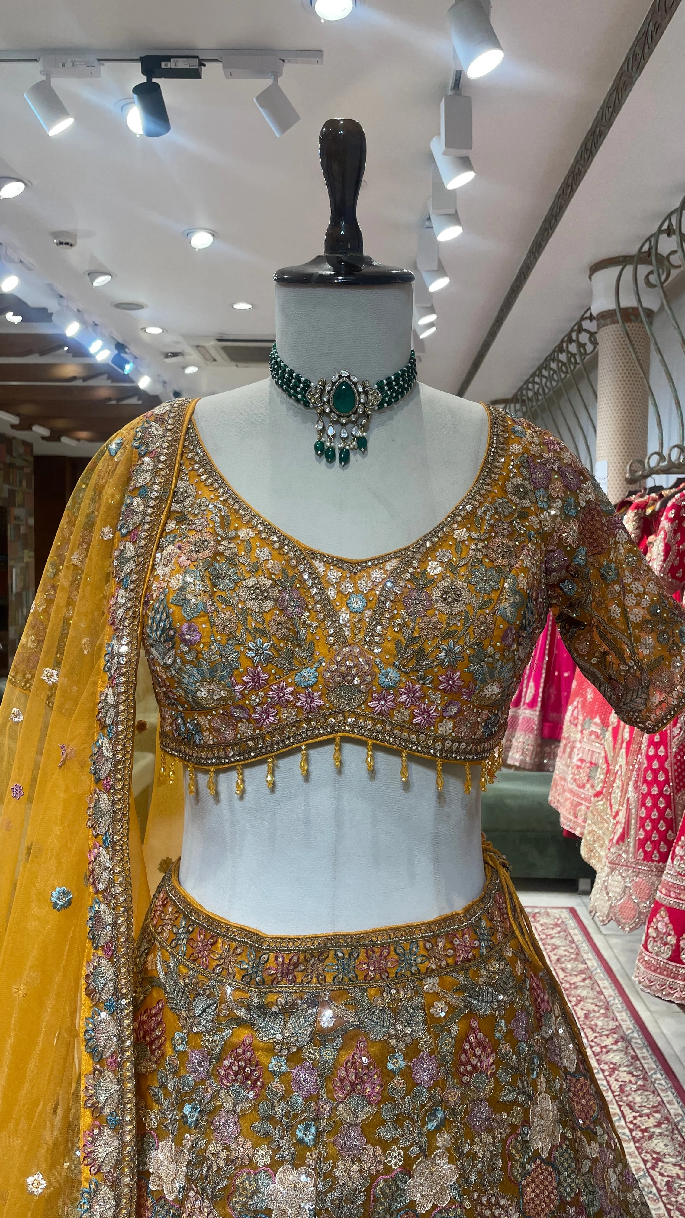 Mustard Organza Lehenga with Floral Motifs - Image 4