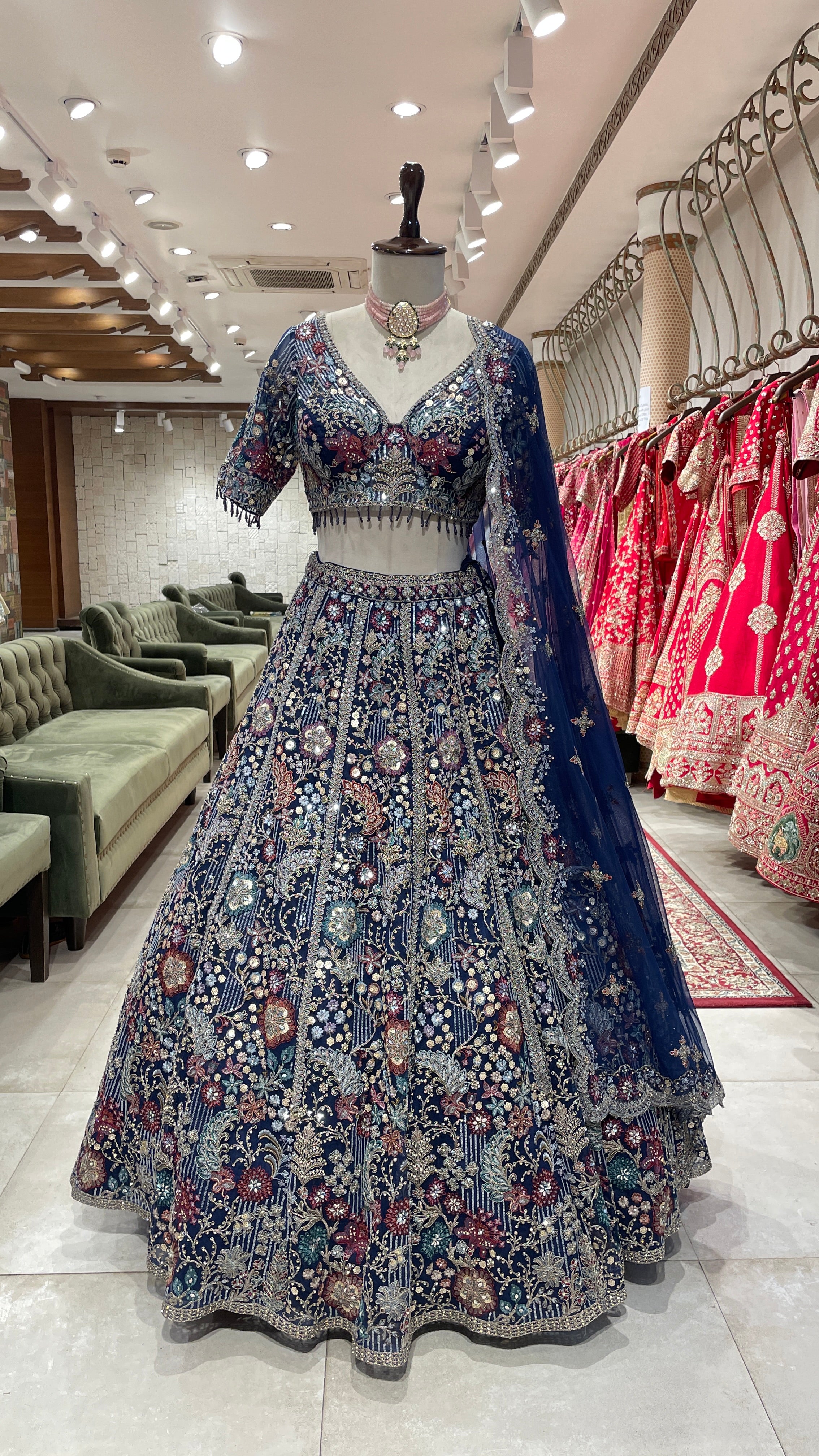 Navy Blue Lehenga with Multicolour Thread & Sequins Work