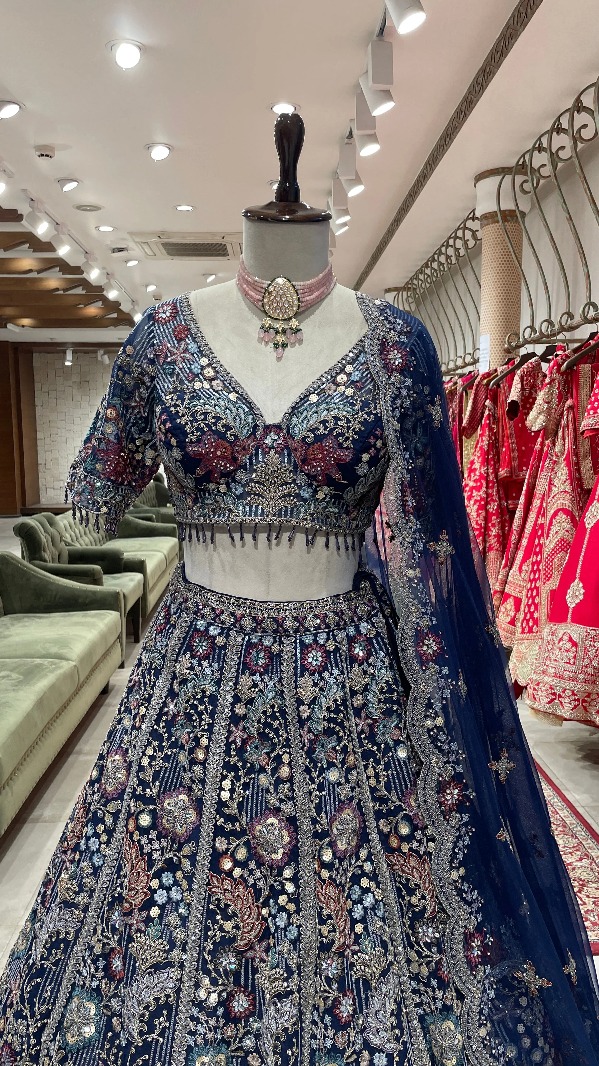 Navy Blue Lehenga with Multicolour Thread & Sequins Work - Image 2