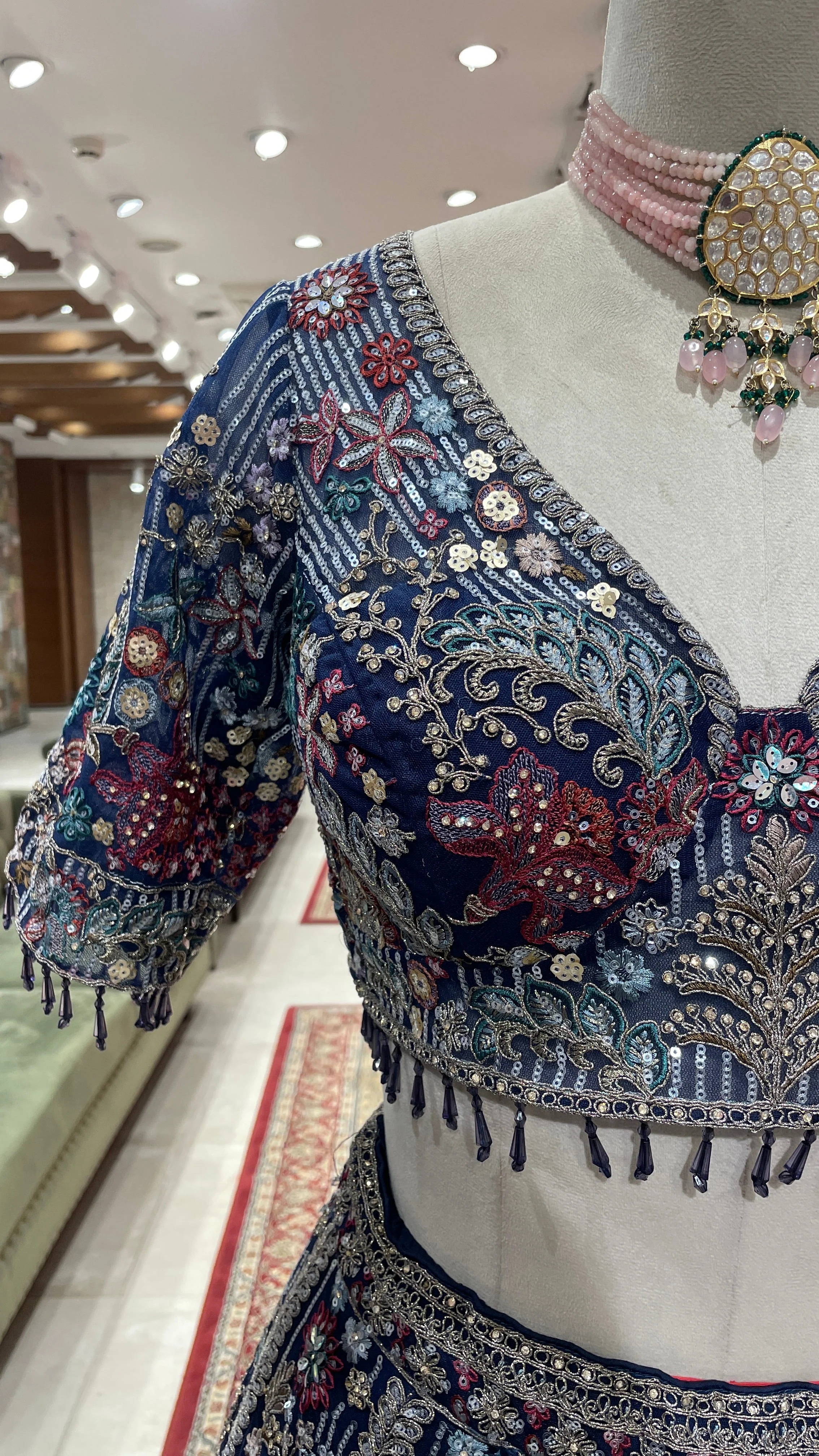 Navy Blue Lehenga with Multicolour Thread & Sequins Work - Image 3
