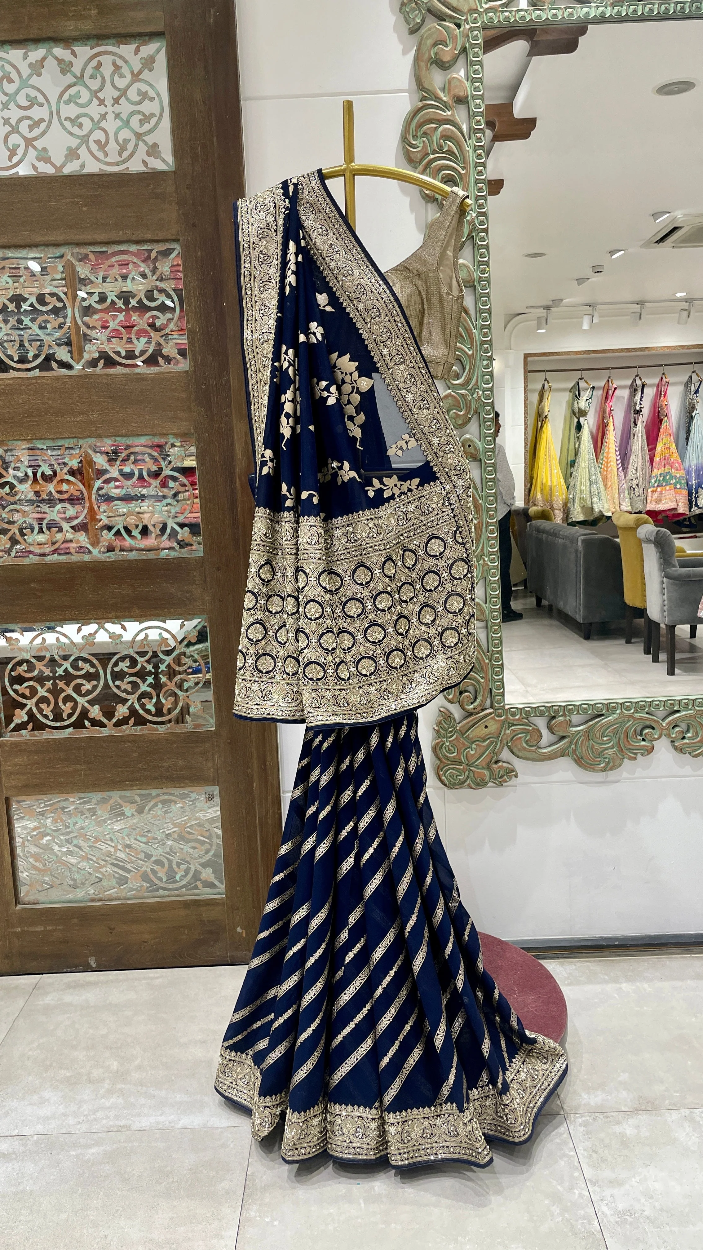 Navy Blue Saree with Heavy Golden Embroidery