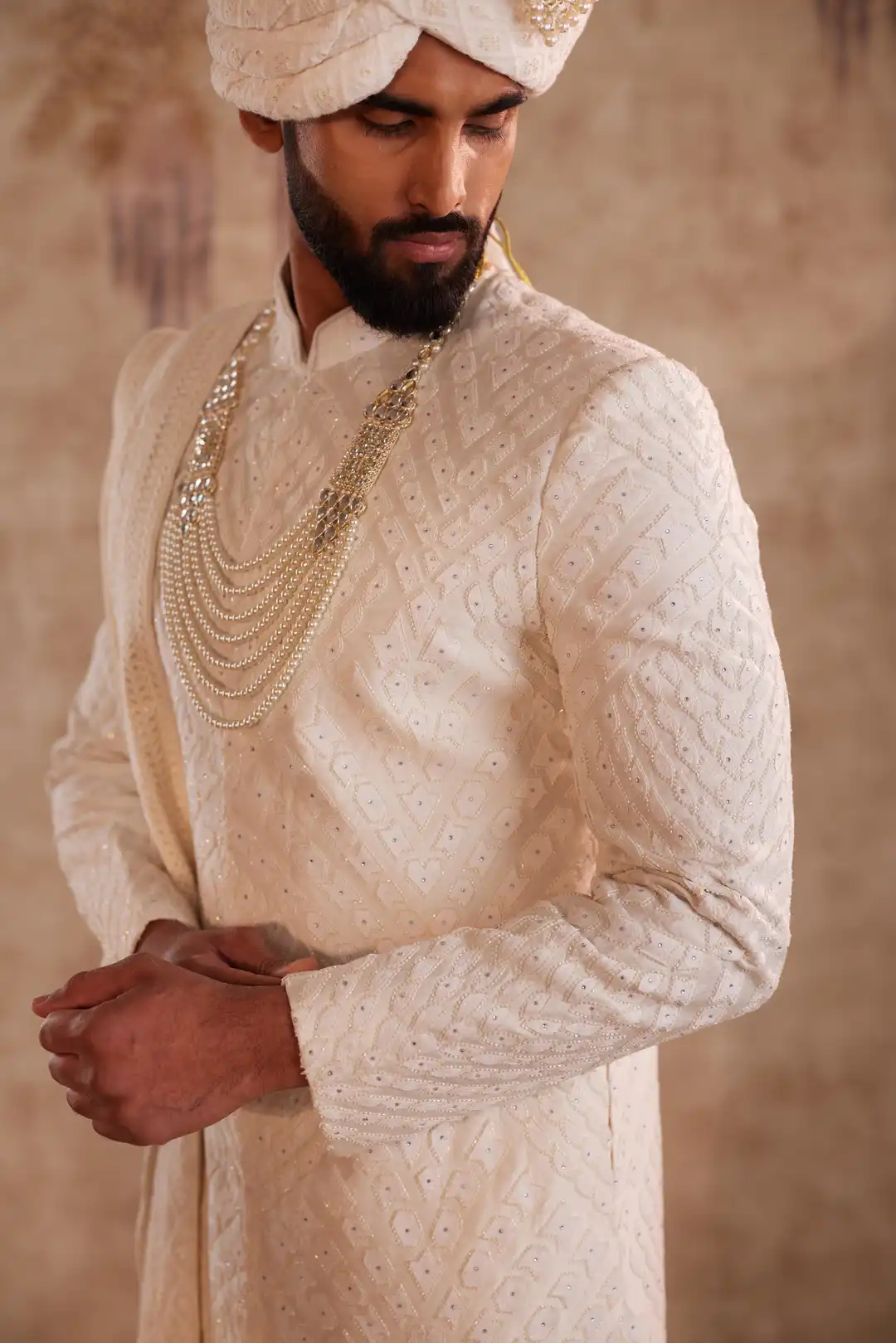 Off White Geometric Sherwani for Groom | Contemporary Designer Wedding Sherwani - Image 10
