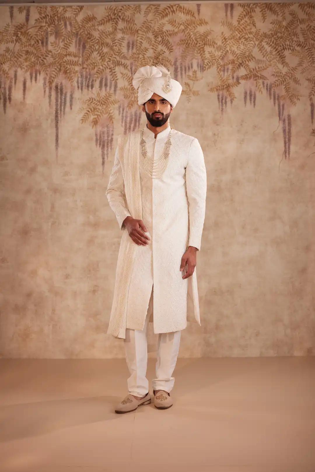 Off White Geometric Sherwani for Groom | Contemporary Designer Wedding Sherwani - Image 4