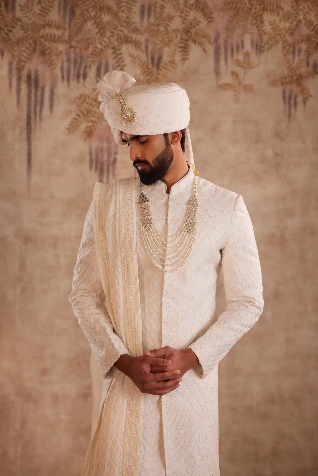 Off White Geometric Sherwani for Groom | Contemporary Designer Wedding Sherwani - Image 6