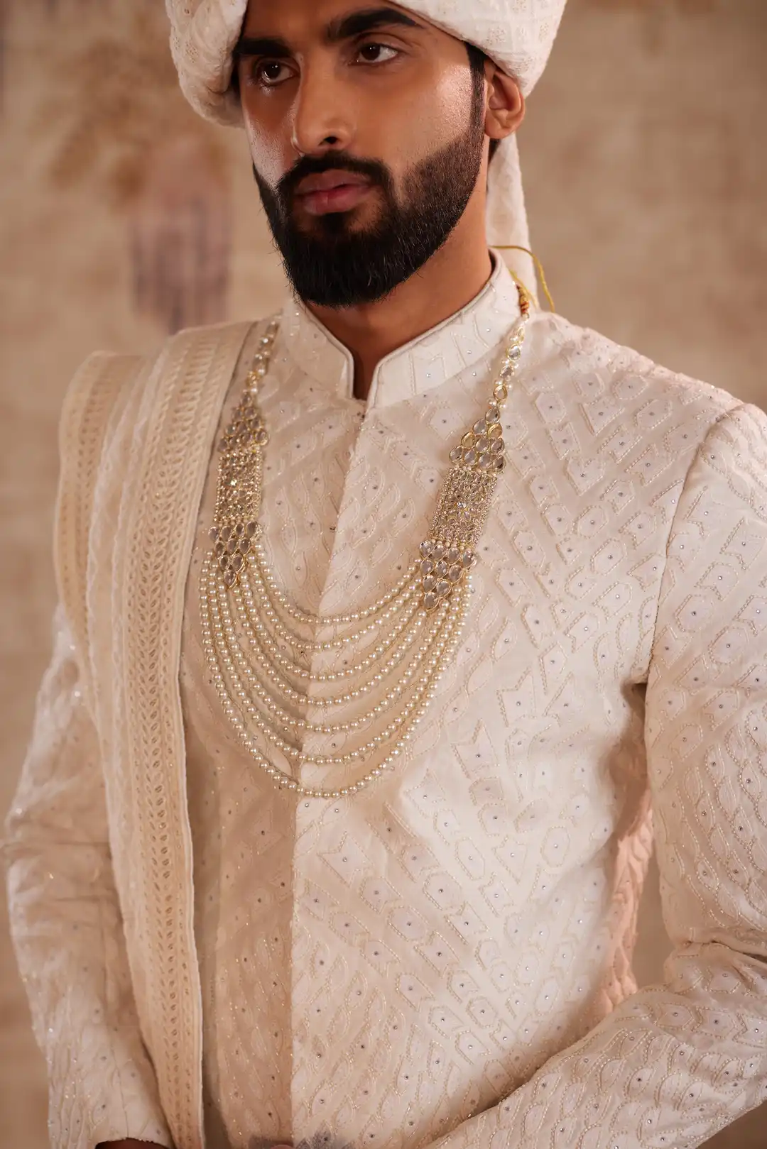 Off White Geometric Sherwani for Groom | Contemporary Designer Wedding Sherwani - Image 8
