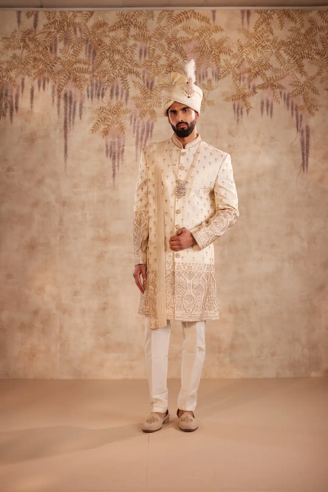 Off White Tissue Sherwani with Sequins Work and Embroidered Dupatta - Image 2
