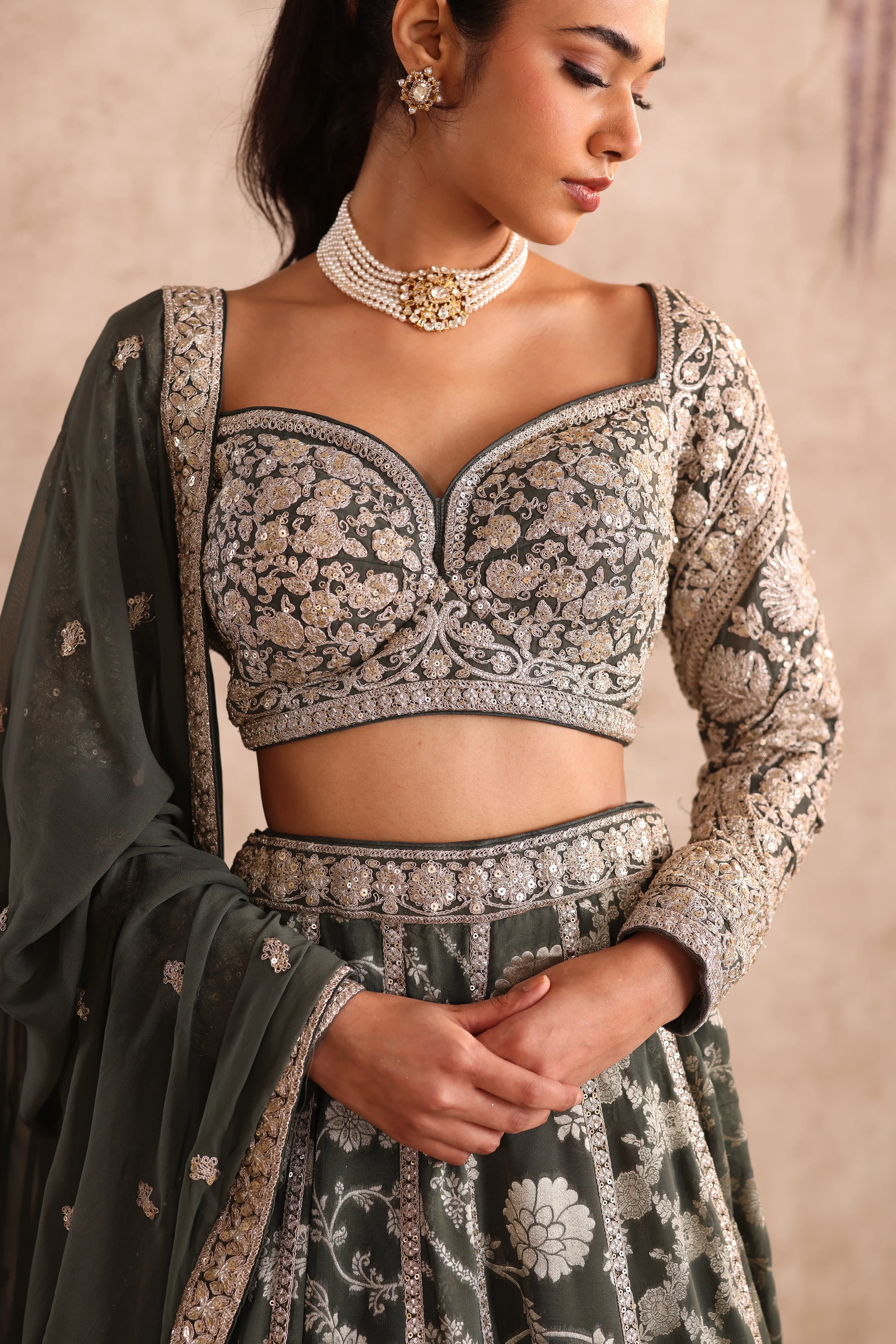 Olive Green Embroidered Party Wear Lehenga - Image 3