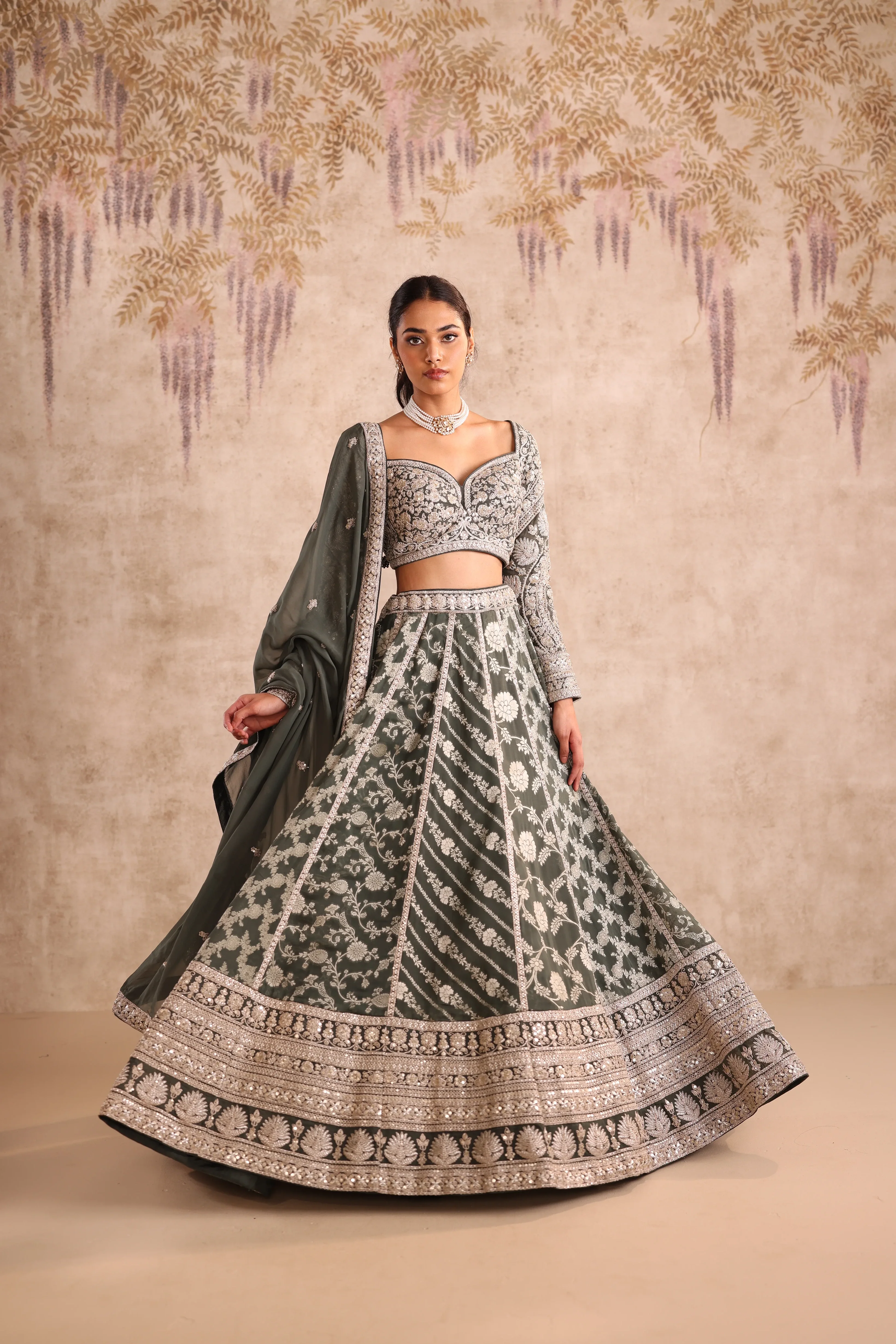 Olive Green Embroidered Party Wear Lehenga - Image 4
