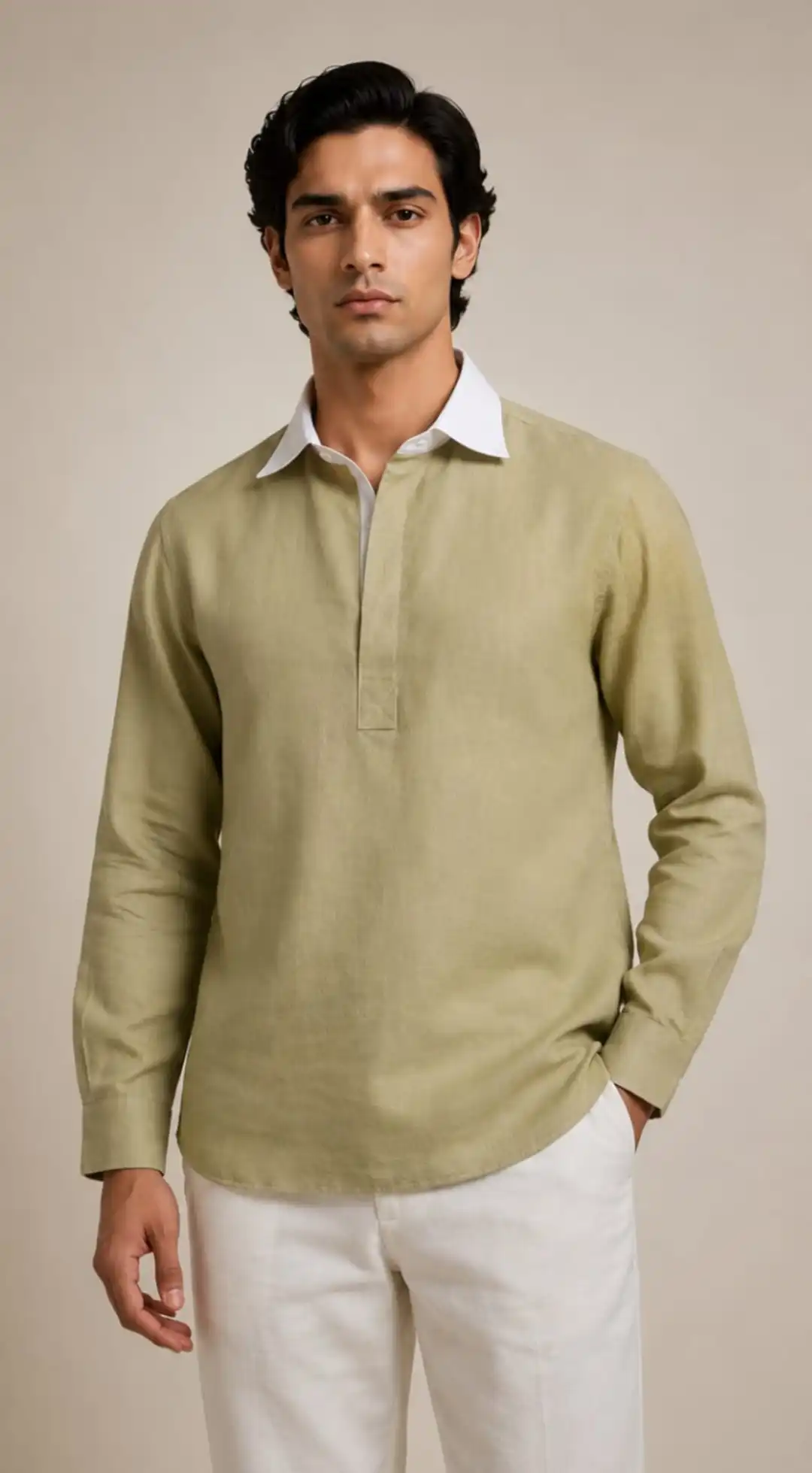 Olive green linen shirt with contrasting white shirt collar detail