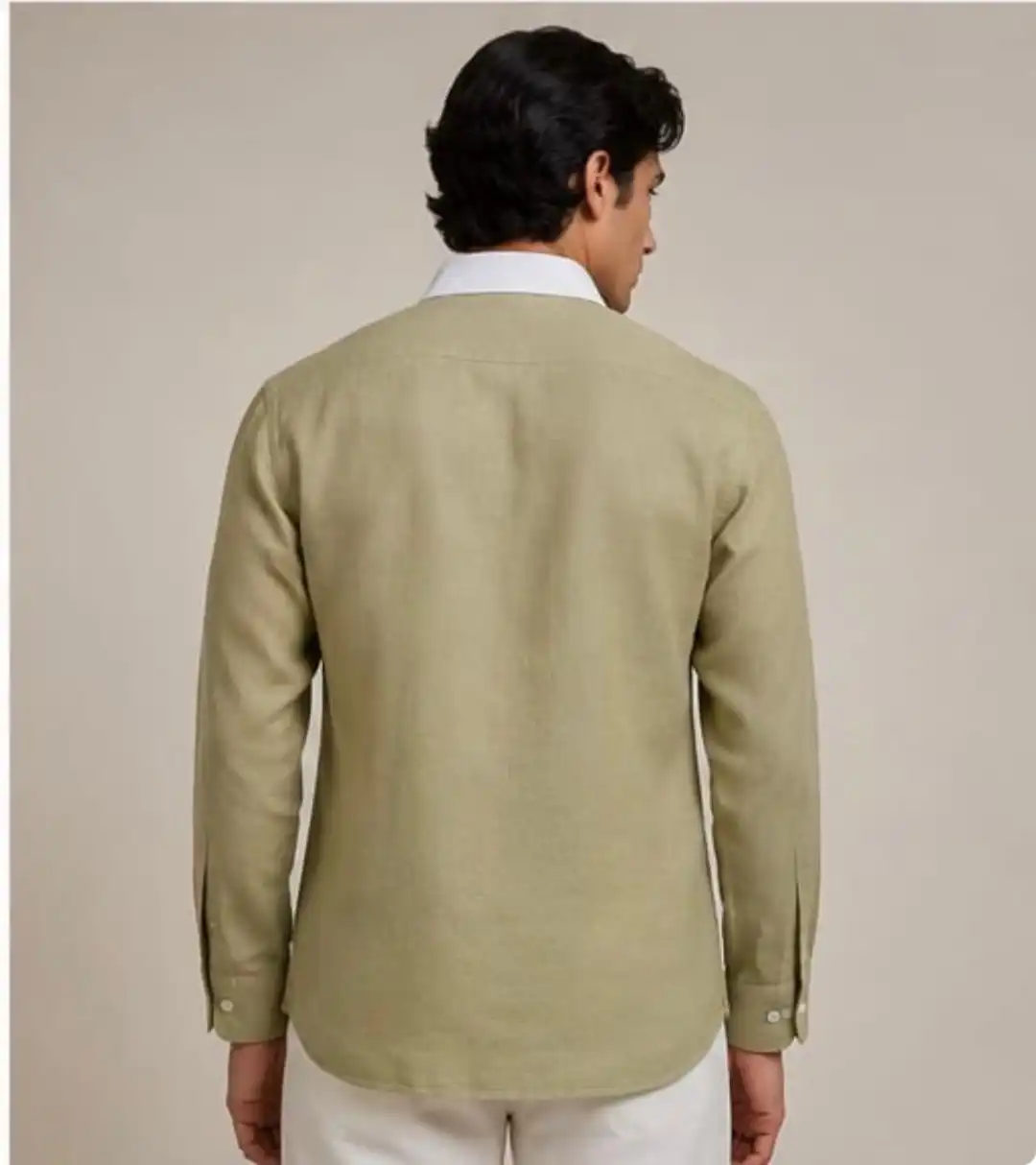 Olive green linen shirt with contrasting white shirt collar detail - Image 2