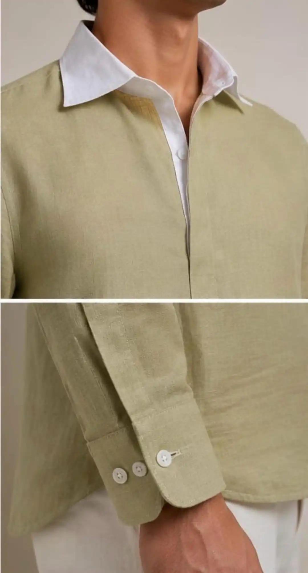 Olive green linen shirt with contrasting white shirt collar detail - Image 3