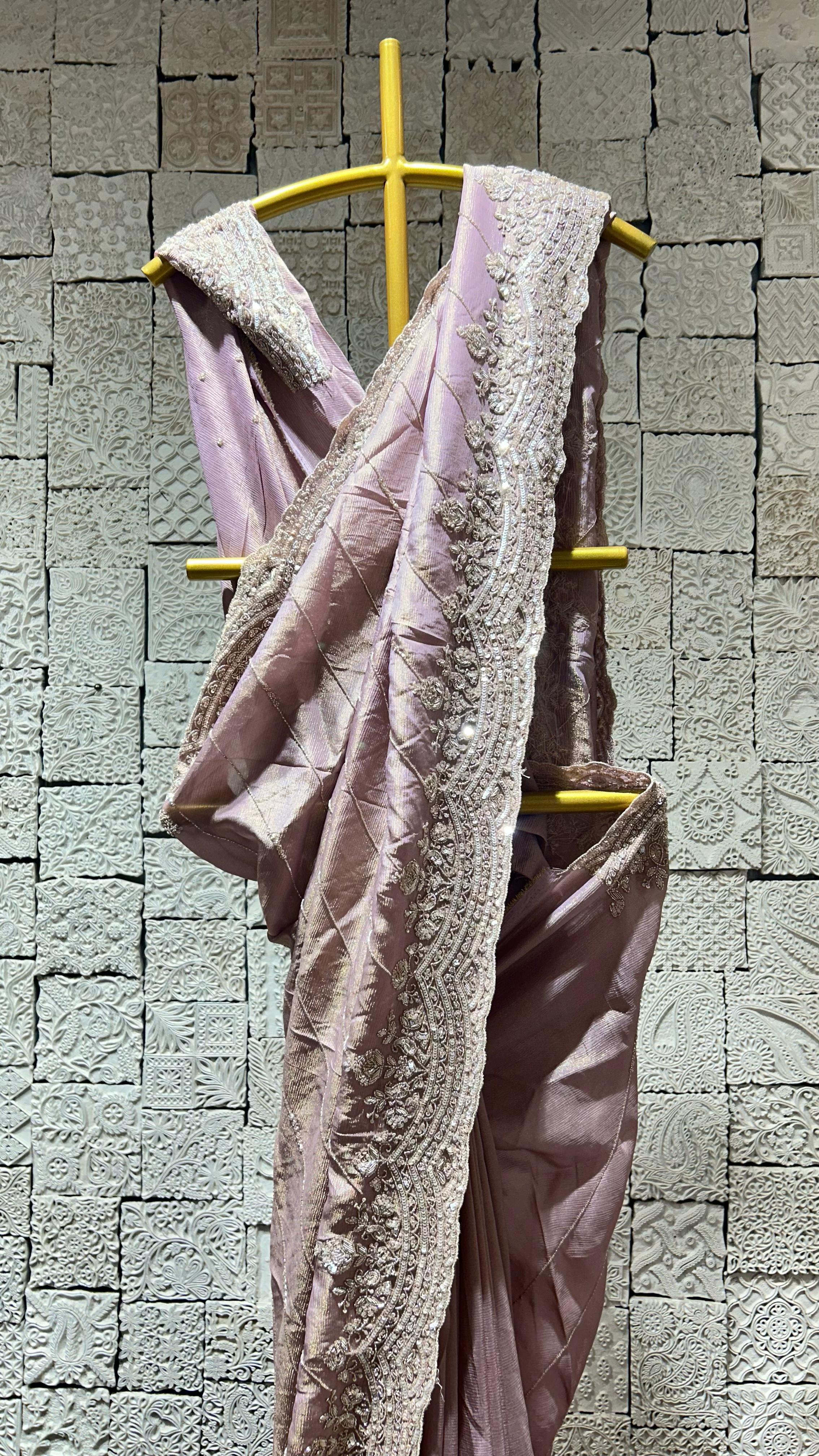 Onion color saree with heavy floral border - Image 2