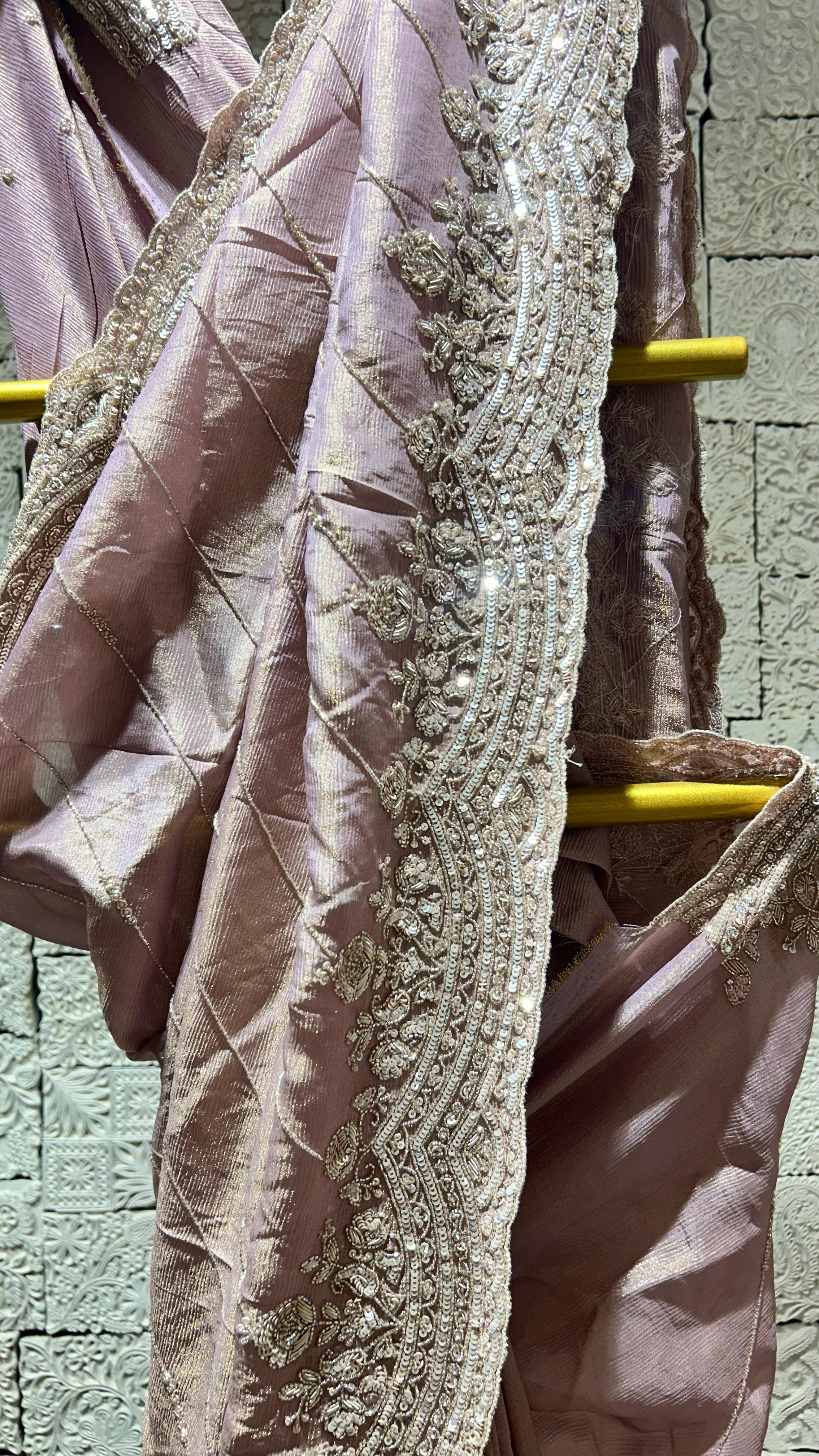 Onion color saree with heavy floral border - Image 3