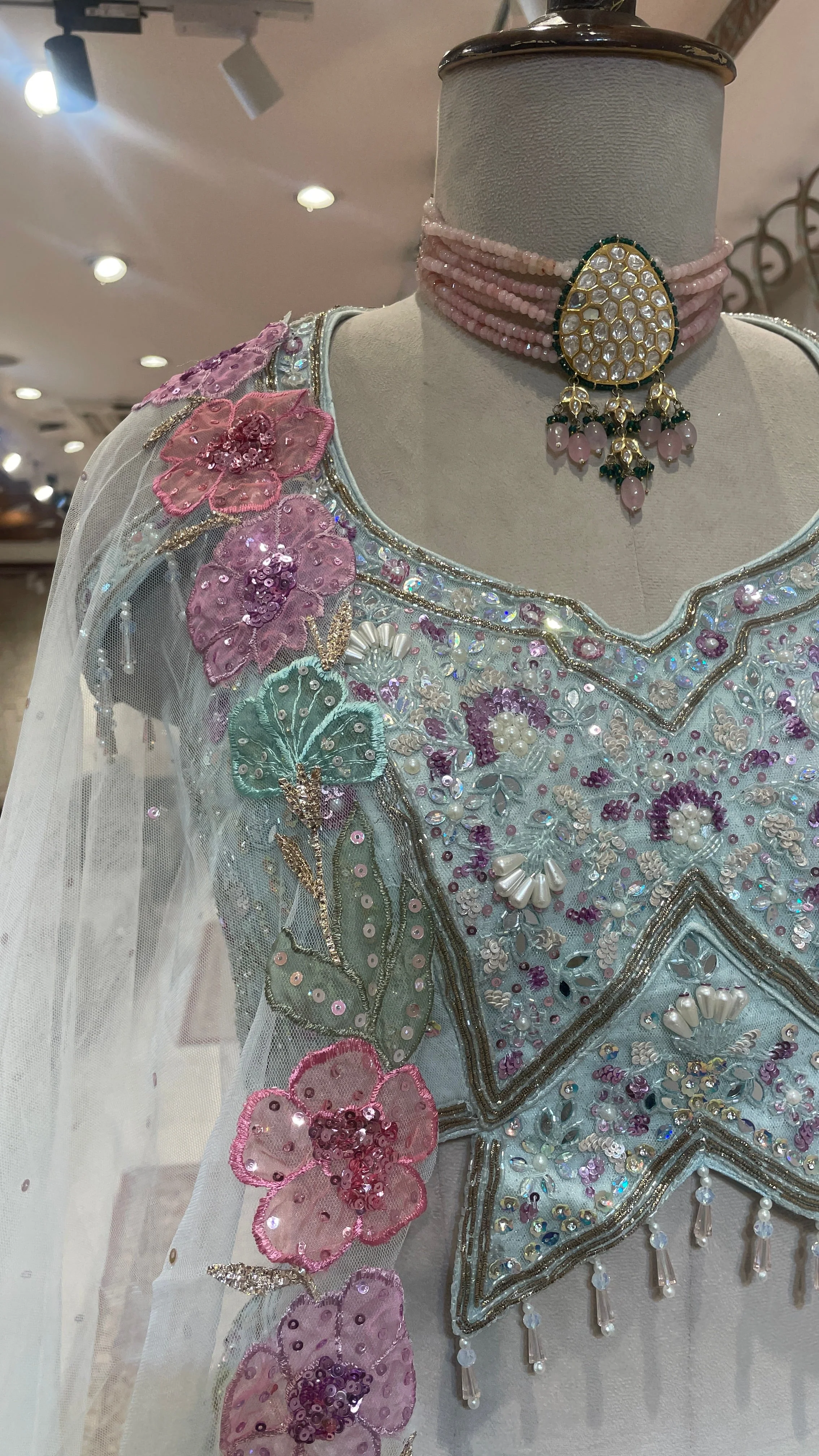 Pastel Blue Net Lehenga with Floral Motifs - Image 2