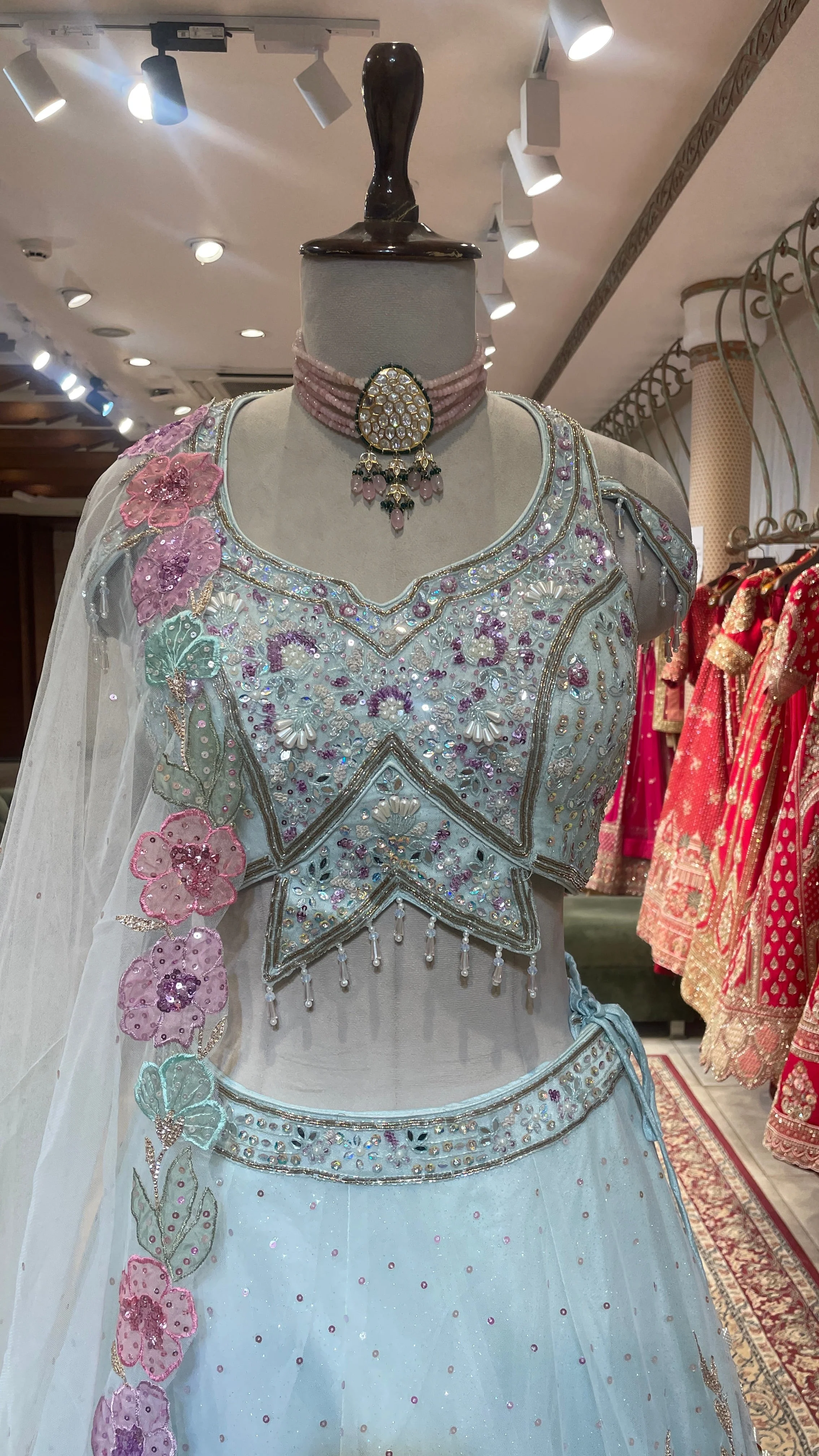 Pastel Blue Net Lehenga with Floral Motifs - Image 5