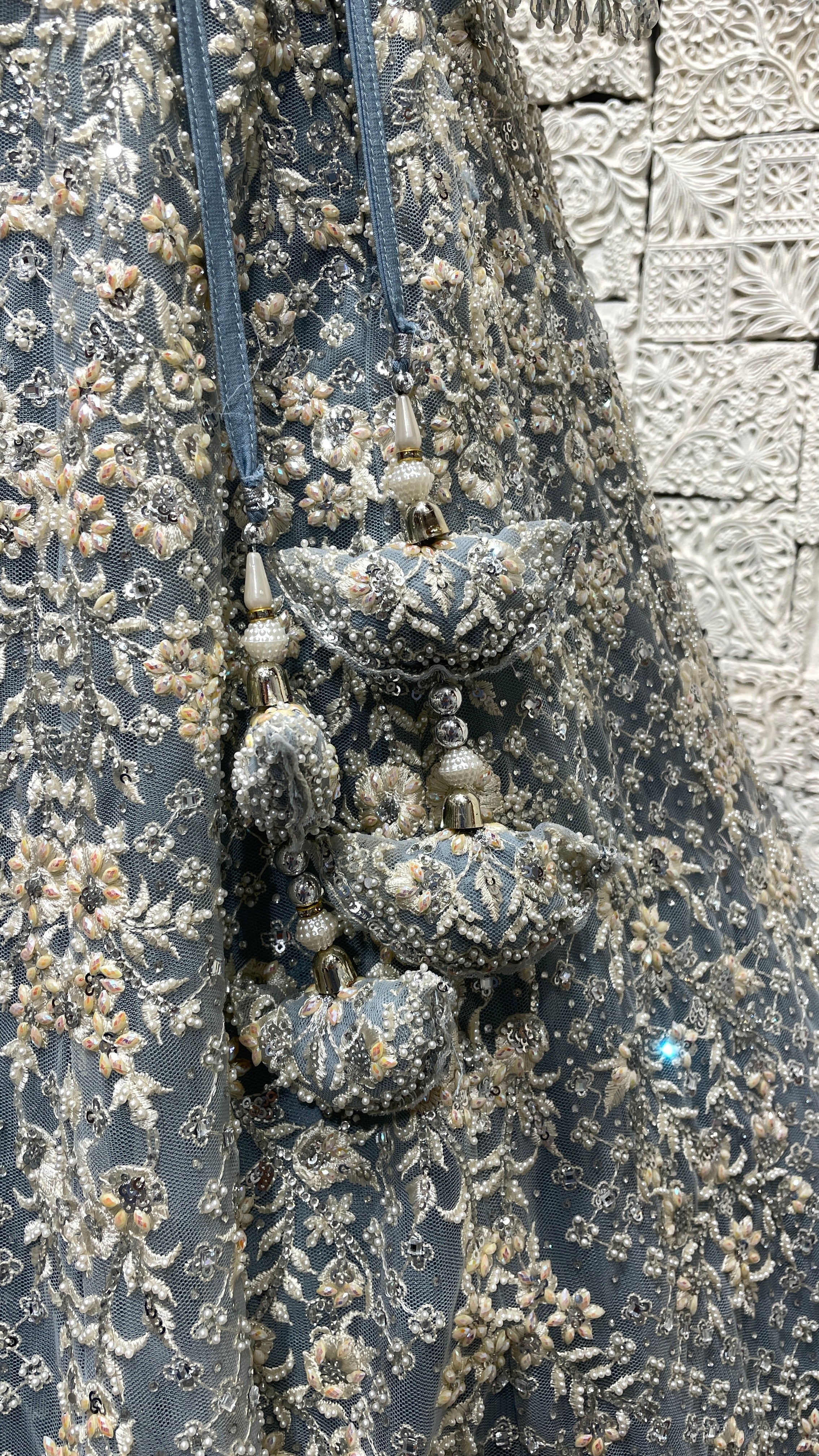 Pastel Blue Net Lehenga with Pearl & Sequin Embellishments - Image 2
