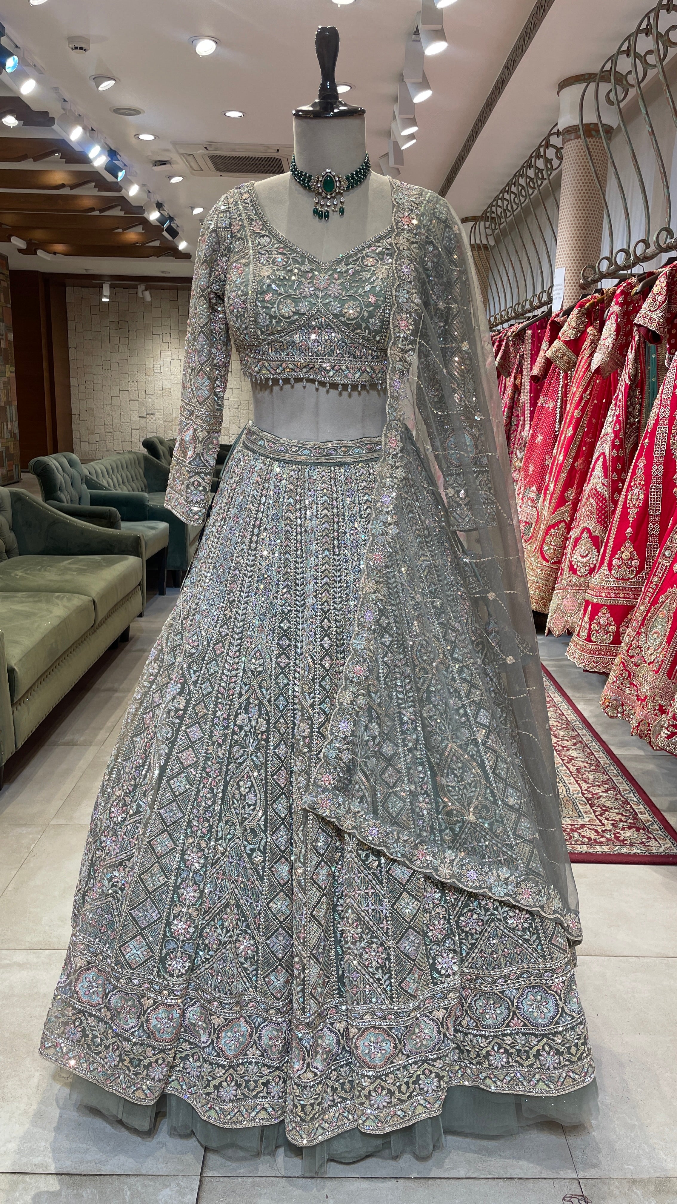 Pastel Green Net Lehenga with Multicolour Sequin Embellishments