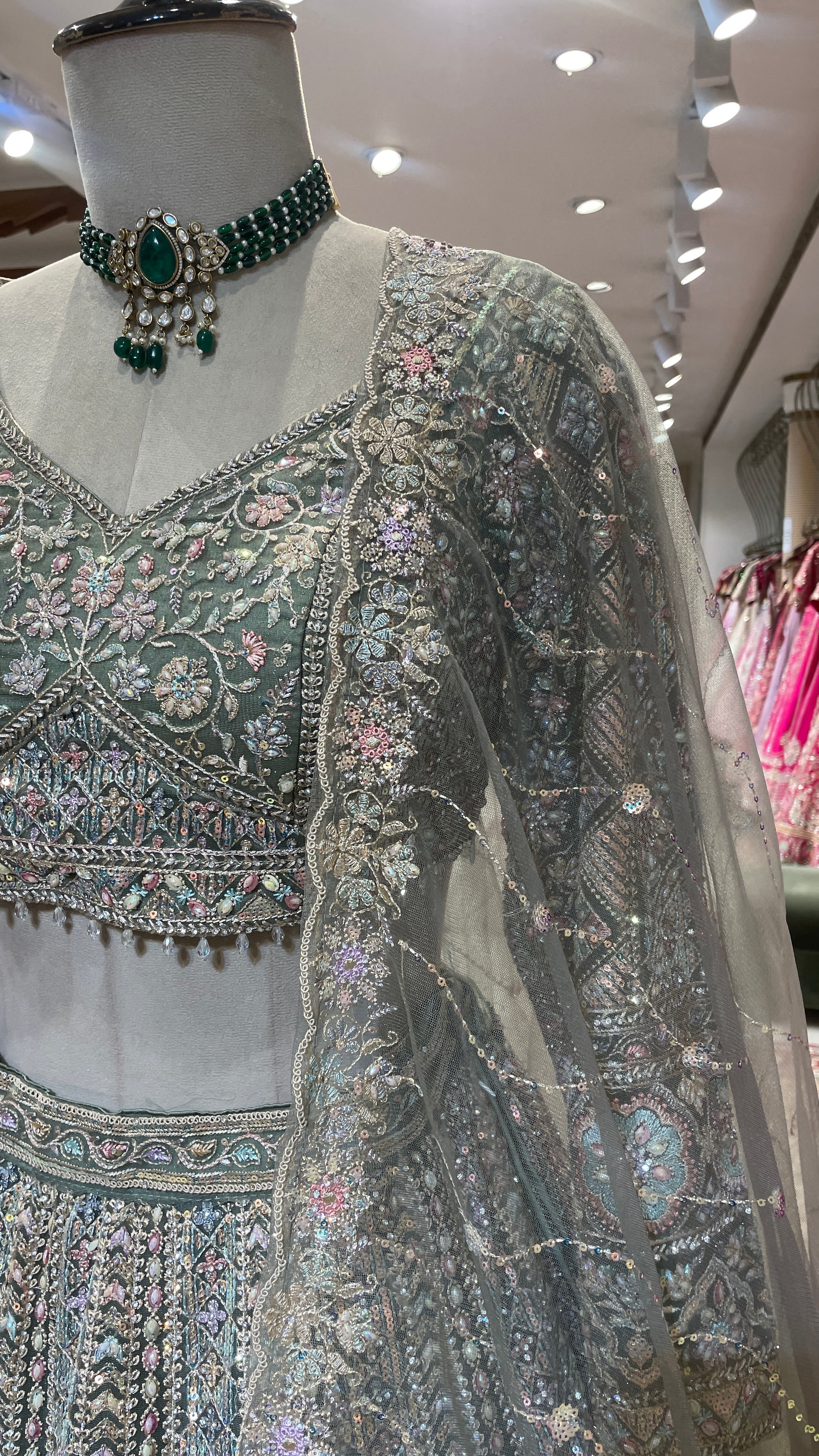 Pastel Green Net Lehenga with Multicolour Sequin Embellishments - Image 3
