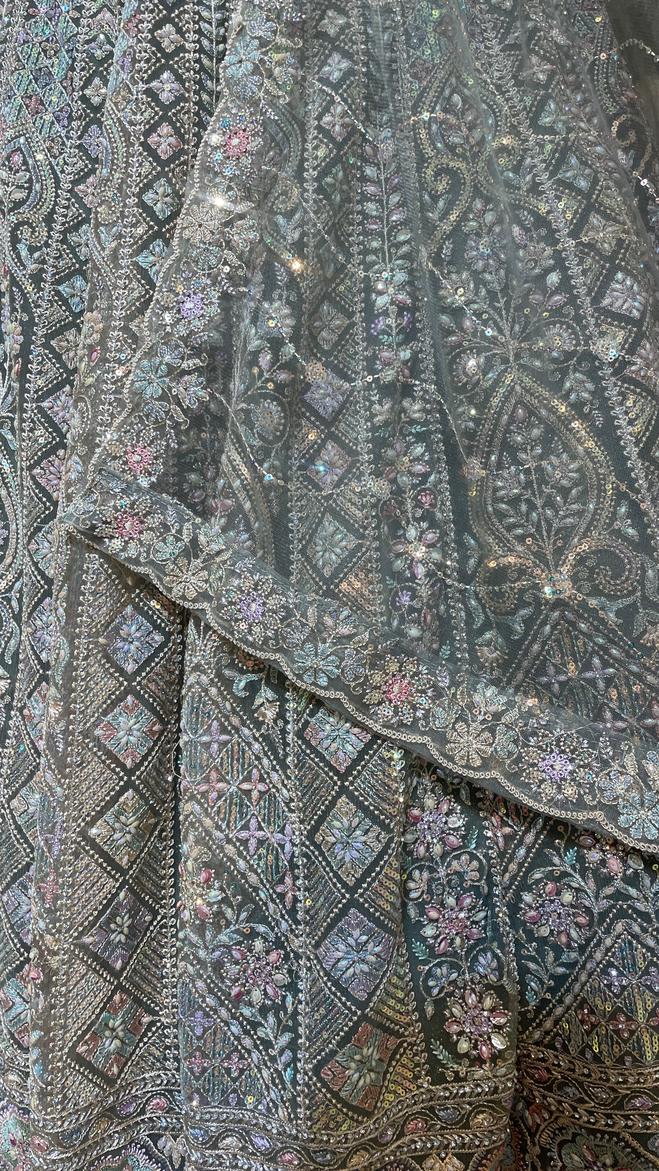 Pastel Green Net Lehenga with Multicolour Sequin Embellishments - Image 4