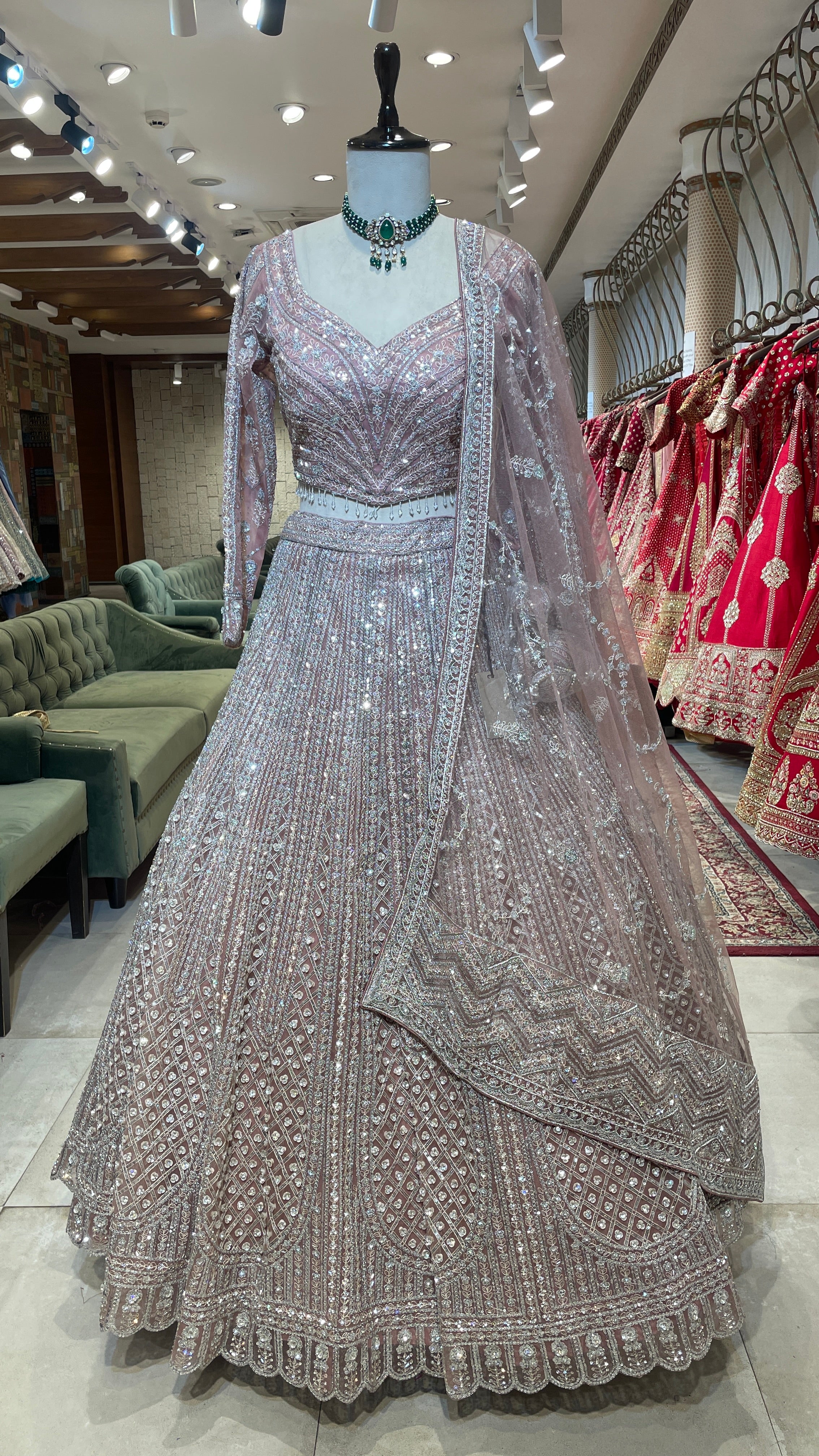 Pastel Pink Net Lehenga with Sequins & Rhinestones