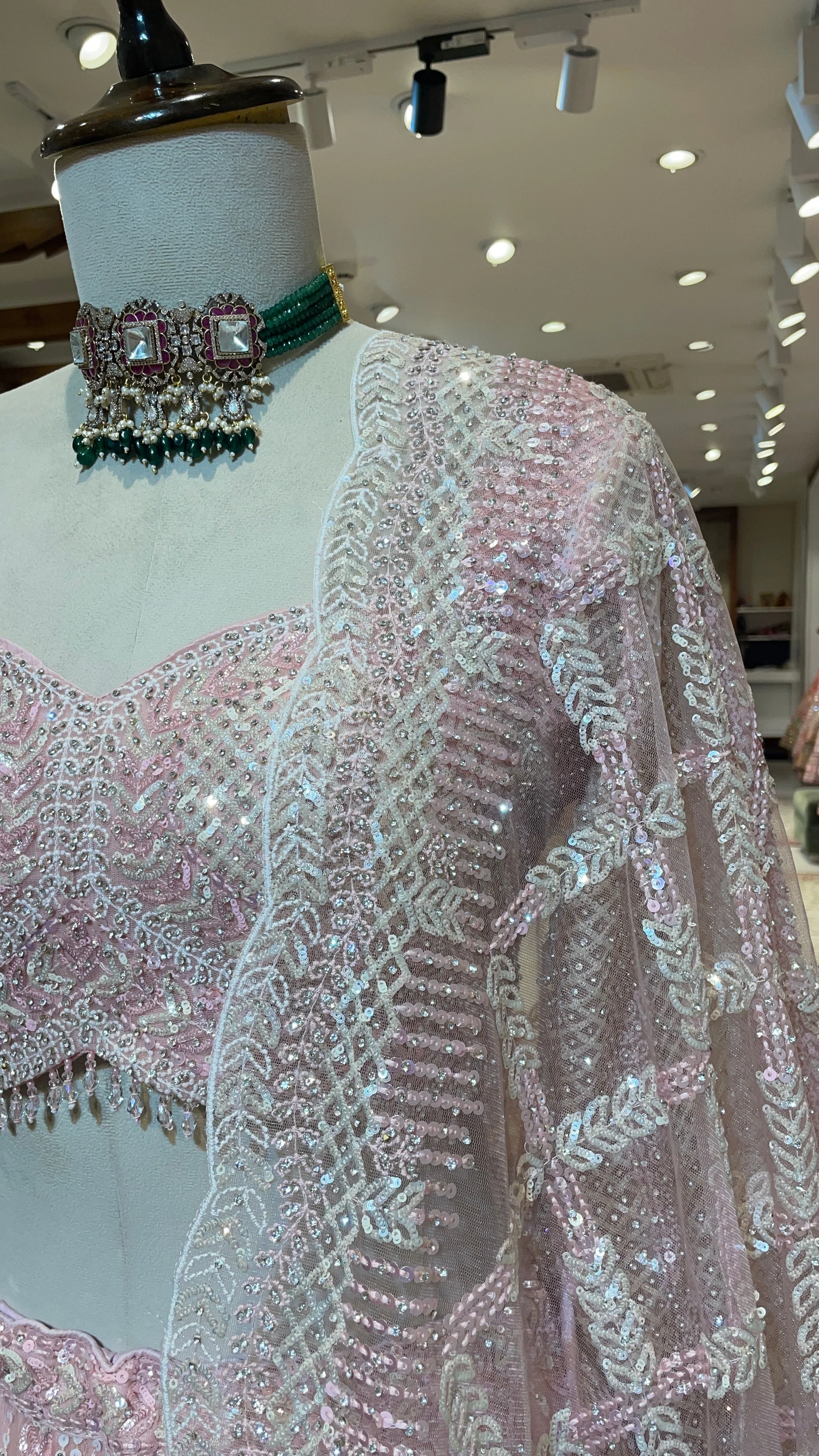 Pastel Pink Net Lehenga with Sequins & Scallop Dupatta - Image 2