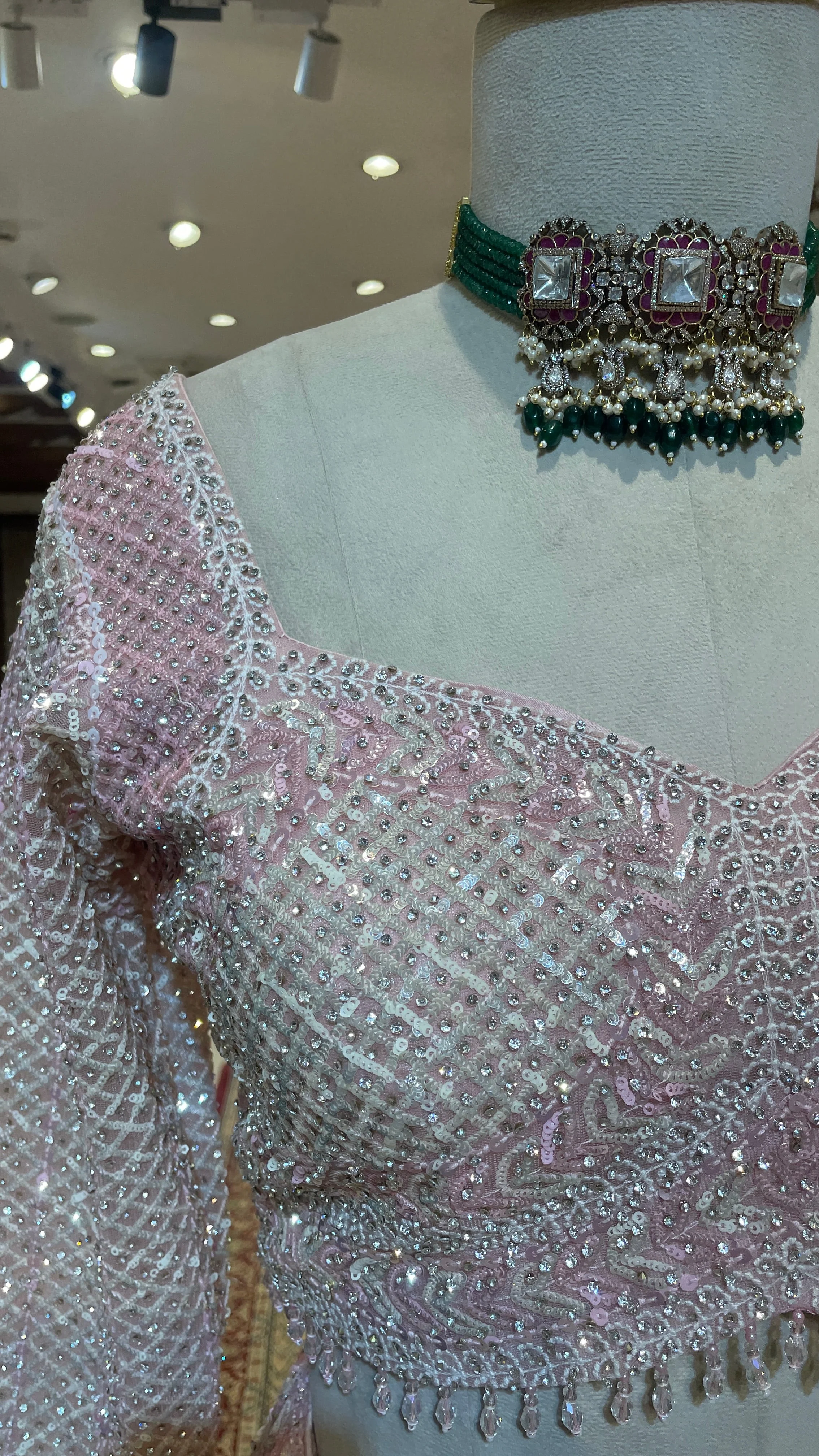 Pastel Pink Net Lehenga with Sequins & Scallop Dupatta - Image 3