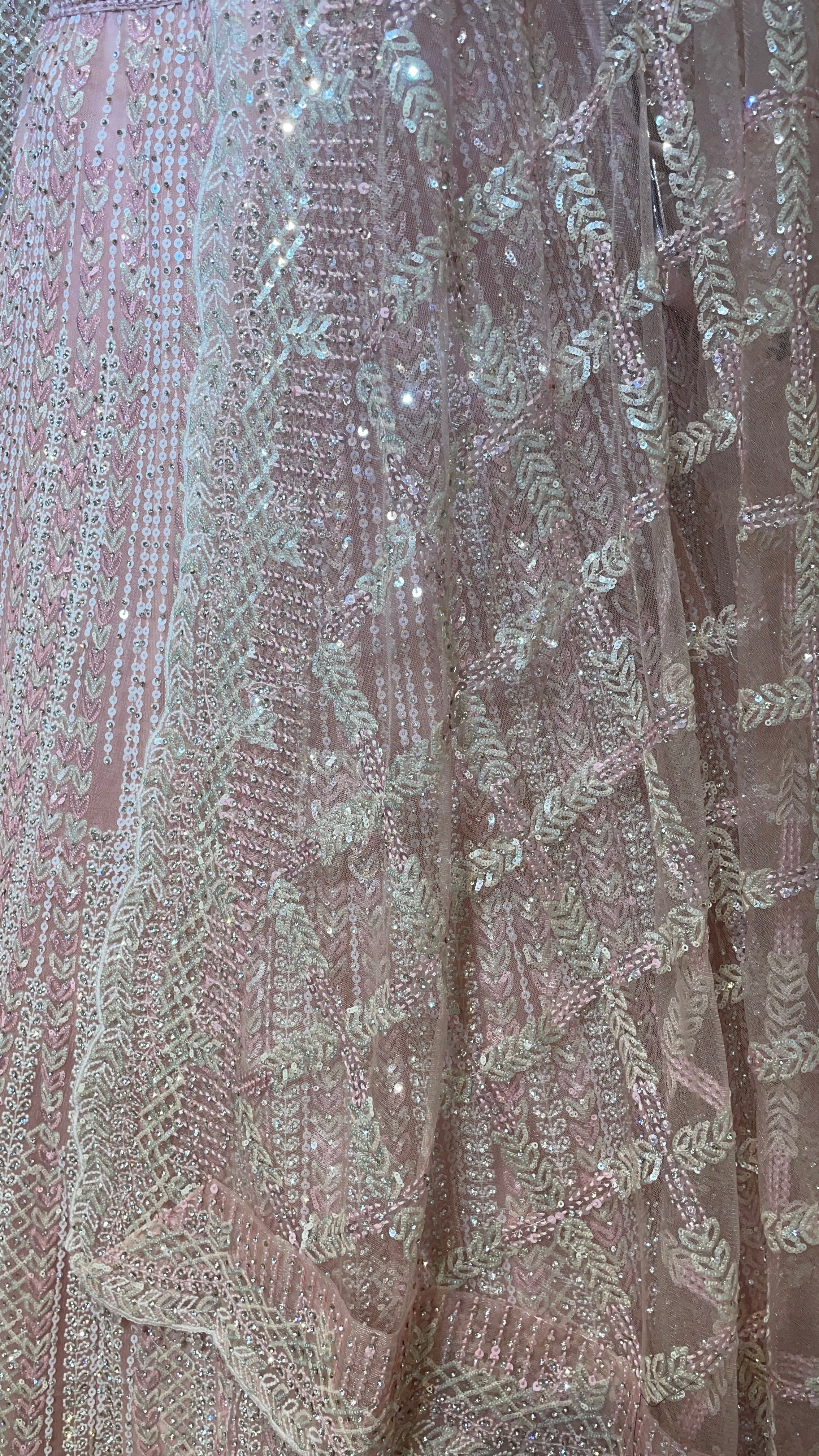 Pastel Pink Net Lehenga with Sequins & Scallop Dupatta - Image 5