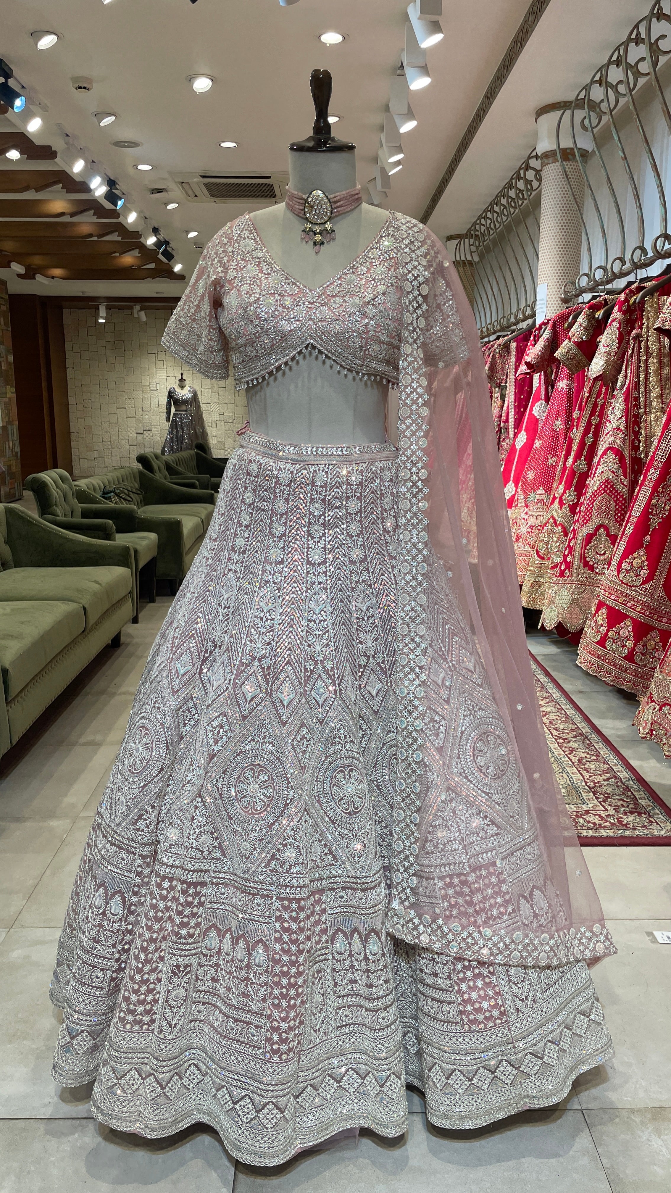 Pastel Pink Net Lehenga with Sequins & Threadwork