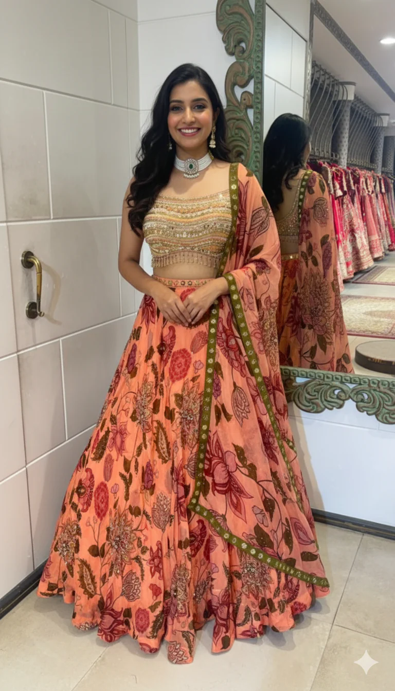 Peach & Green Floral Lehenga