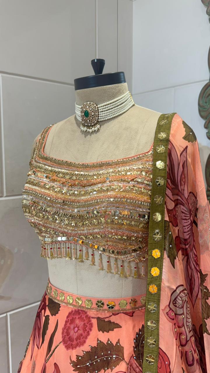 Peach & Green Floral Lehenga - Image 2