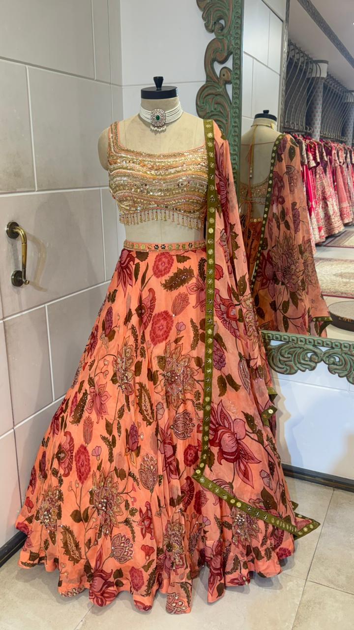 Peach & Green Floral Lehenga - Image 3