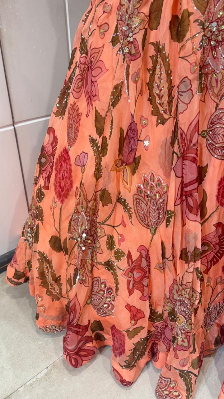 Peach & Green Floral Lehenga - Image 4