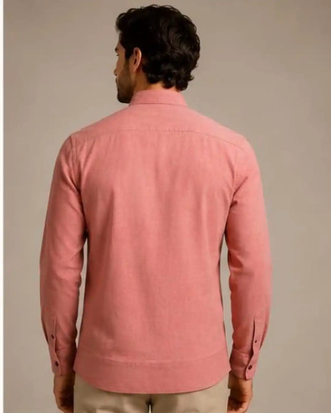 Peach linen shirt, Mandarin collar with contrasting inner lining, thread detail and cuff sleeves - Image 2