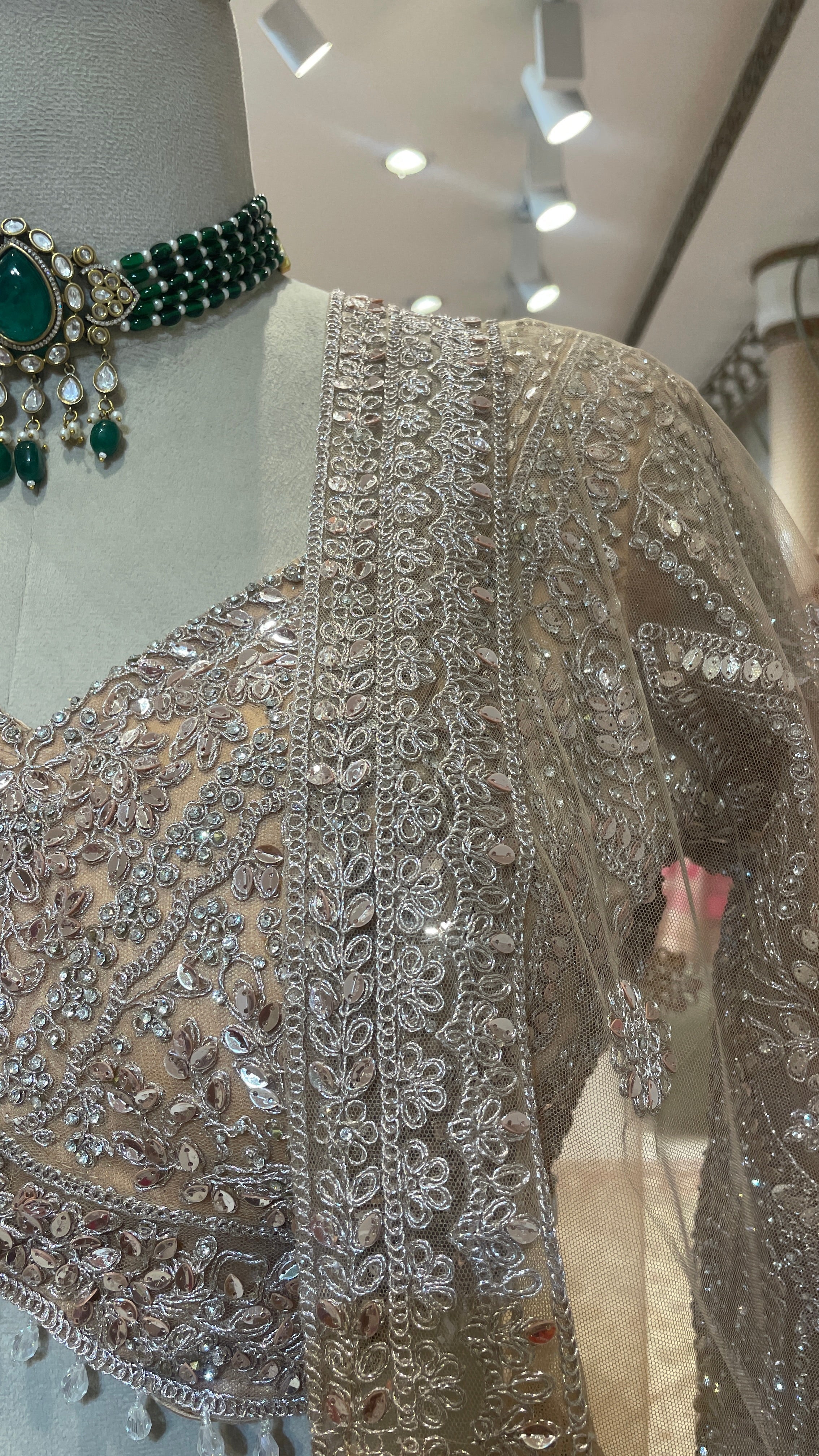 Peach Net Lehenga with Mirrorwork & Sequins - Image 3