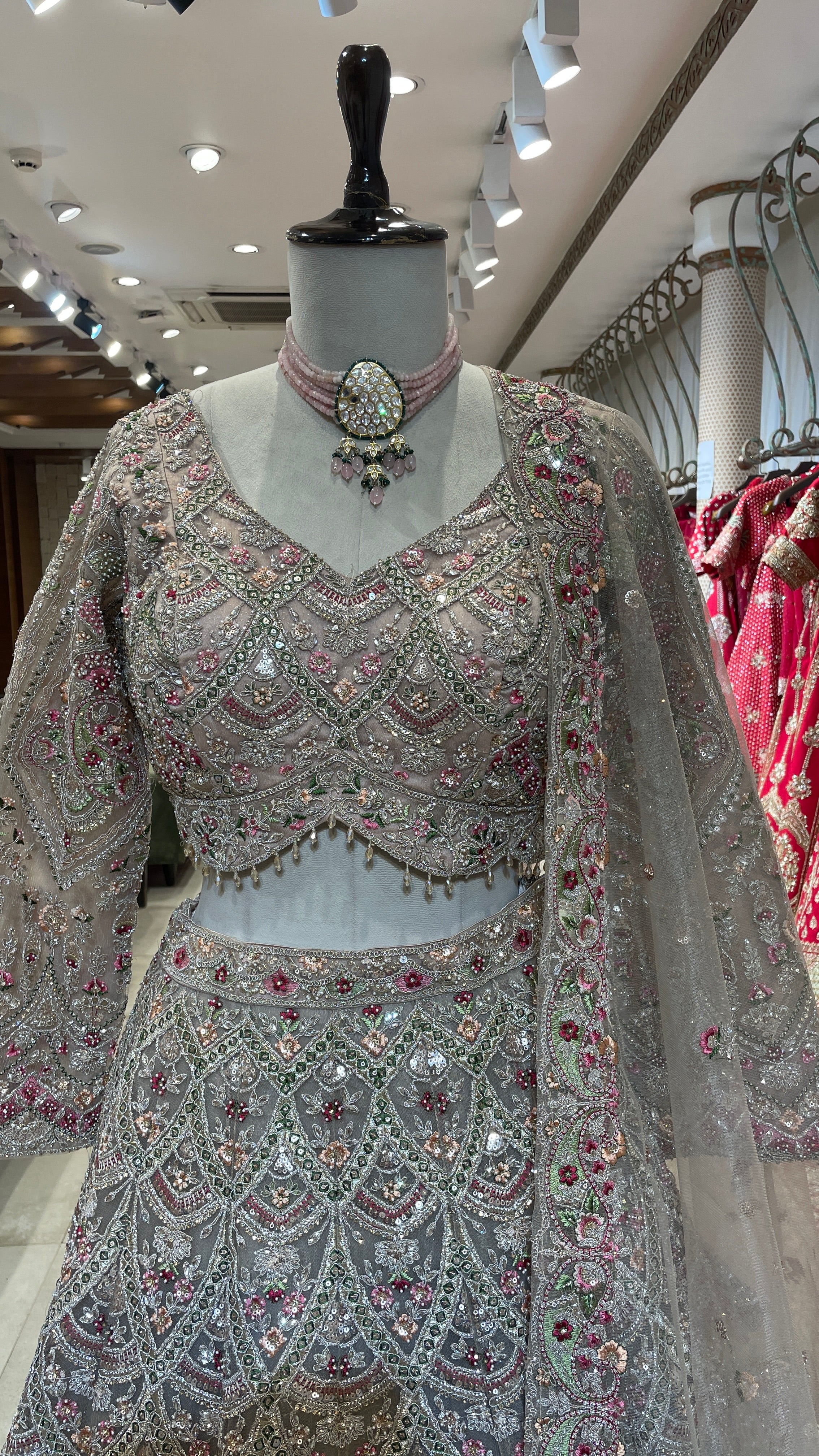 Peach Net Lehenga with Multicolour Threadwork & Embellishments - Image 4