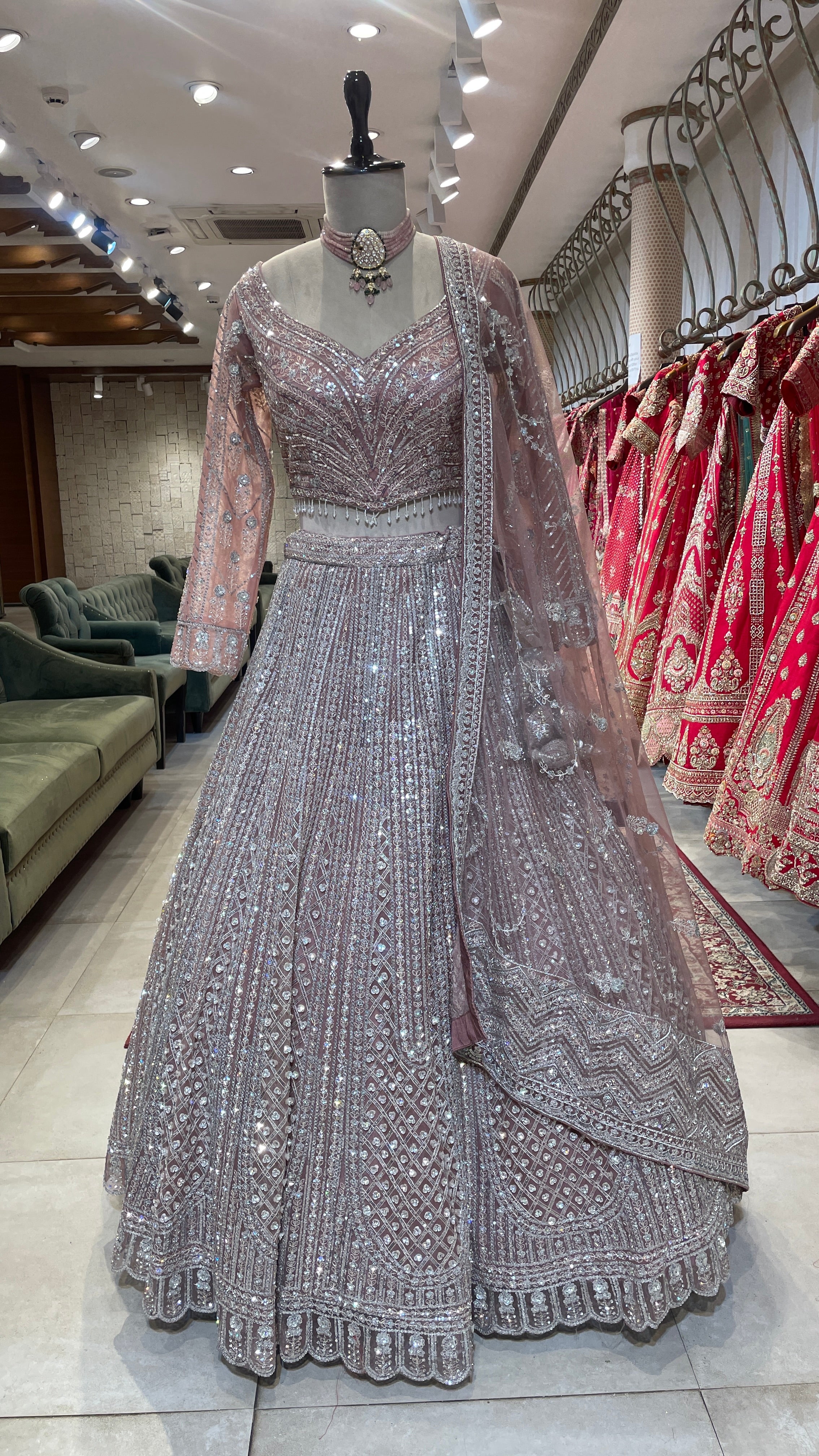 Peach Net Lehenga with Sequin Embellishments