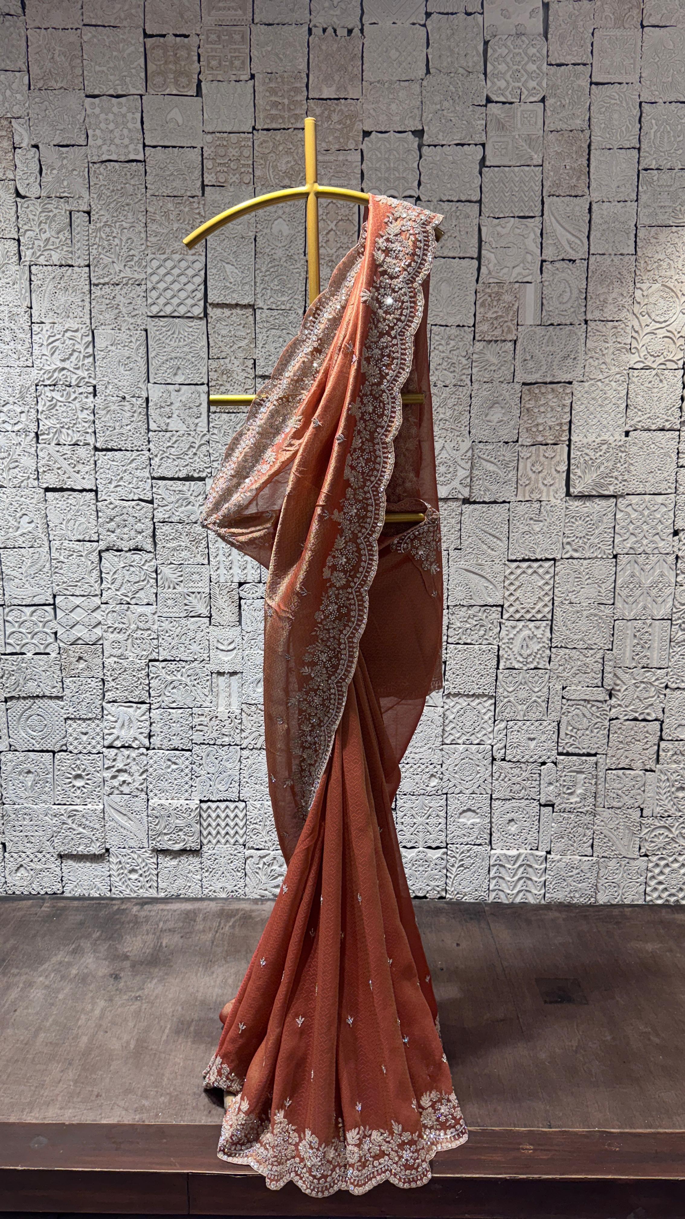 Rust Orange Saree with Embellished Border and Designer Blouse