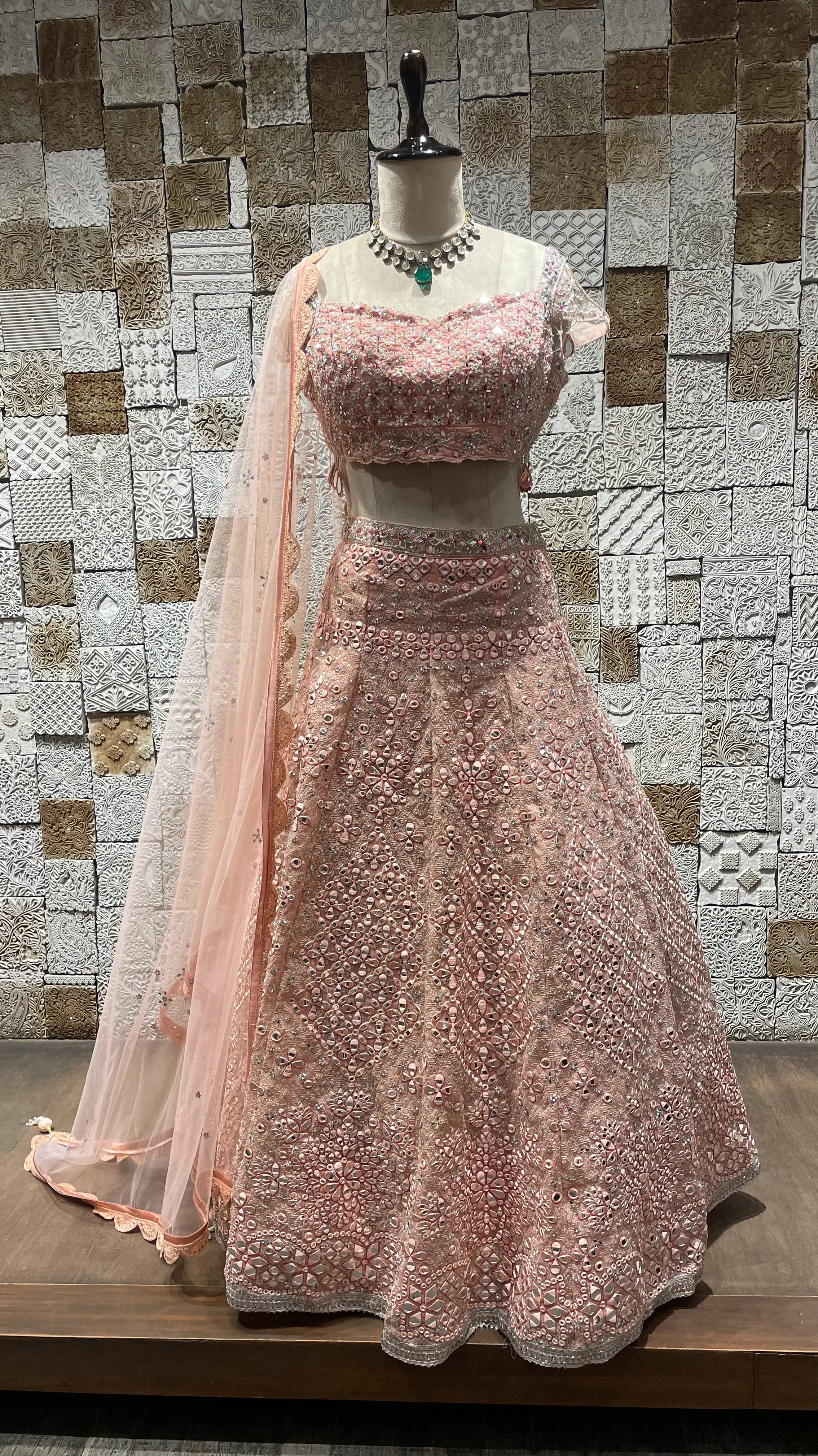 Pink Silk Lehenga with Mirrorwork, Sequins & Net Dupatta