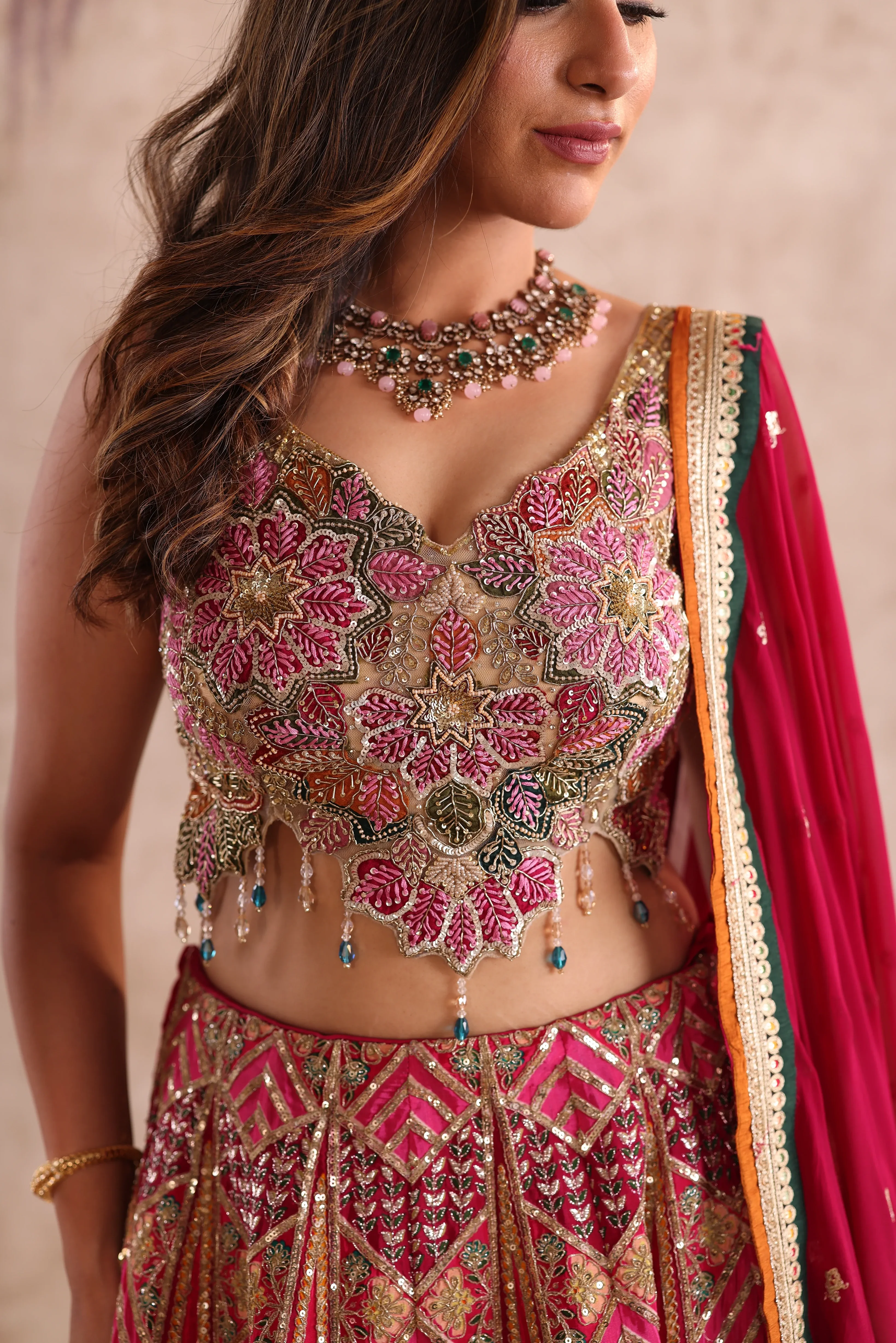 Pink Multi-Color Embroidered Party Wear Lehenga - Image 3