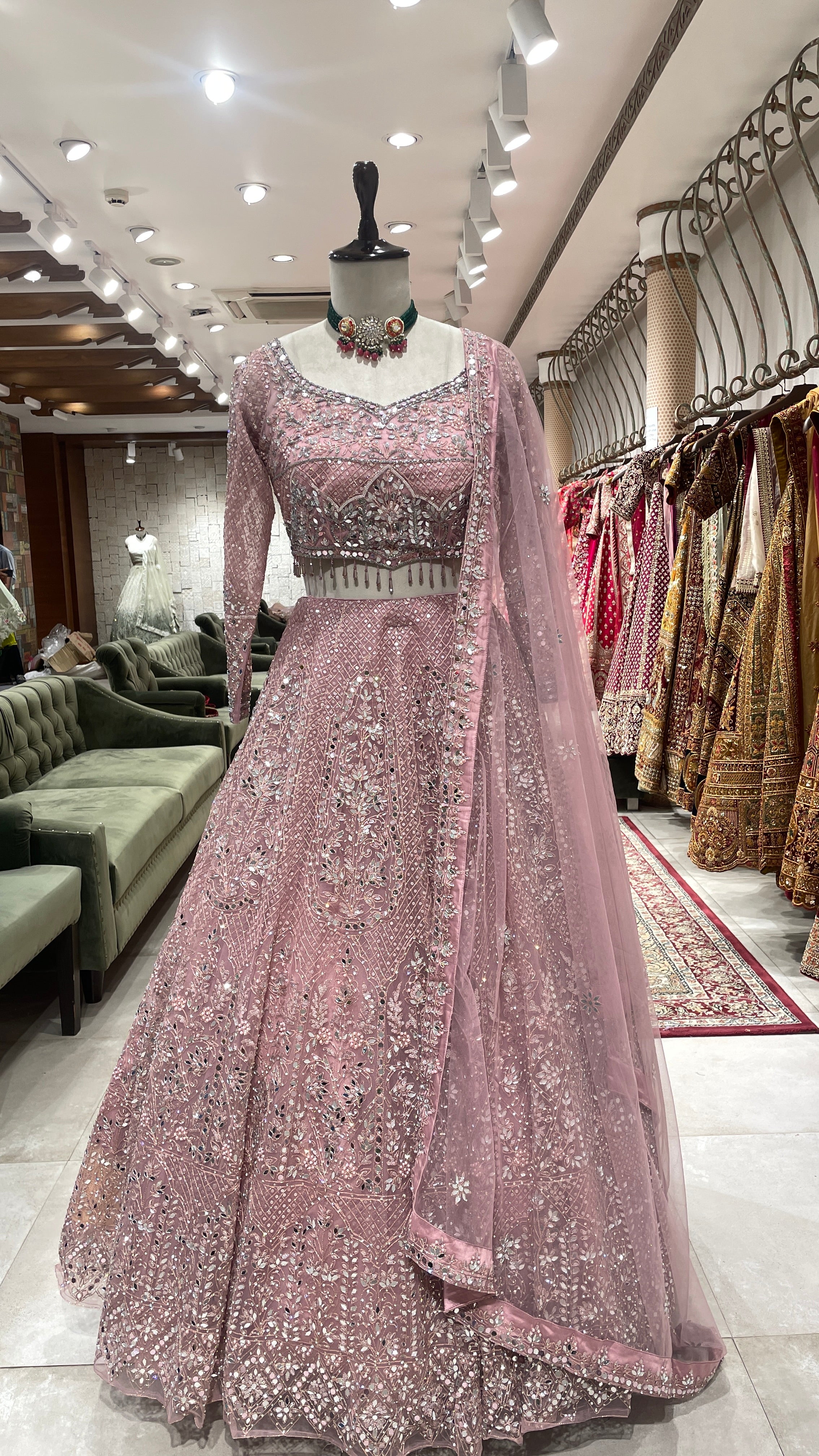 Pink Net Lehenga with Mirror Work