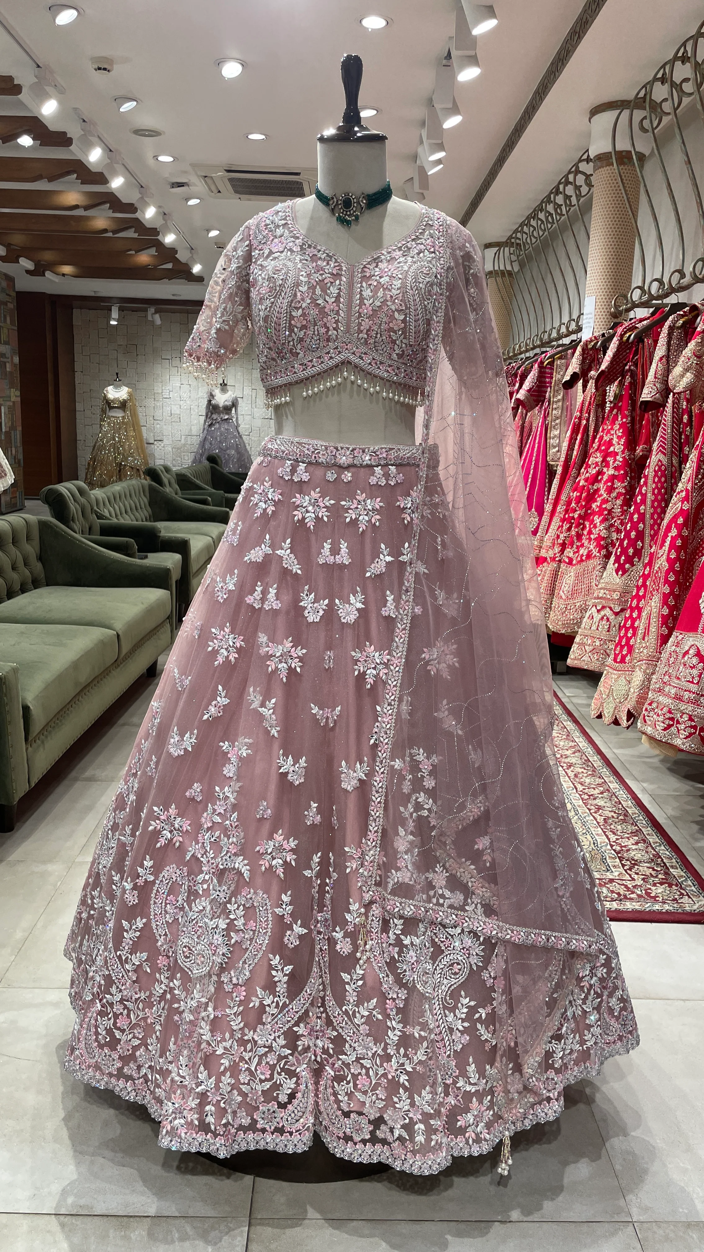 Pink Net Lehenga with Mirrorwork & Floral Motifs