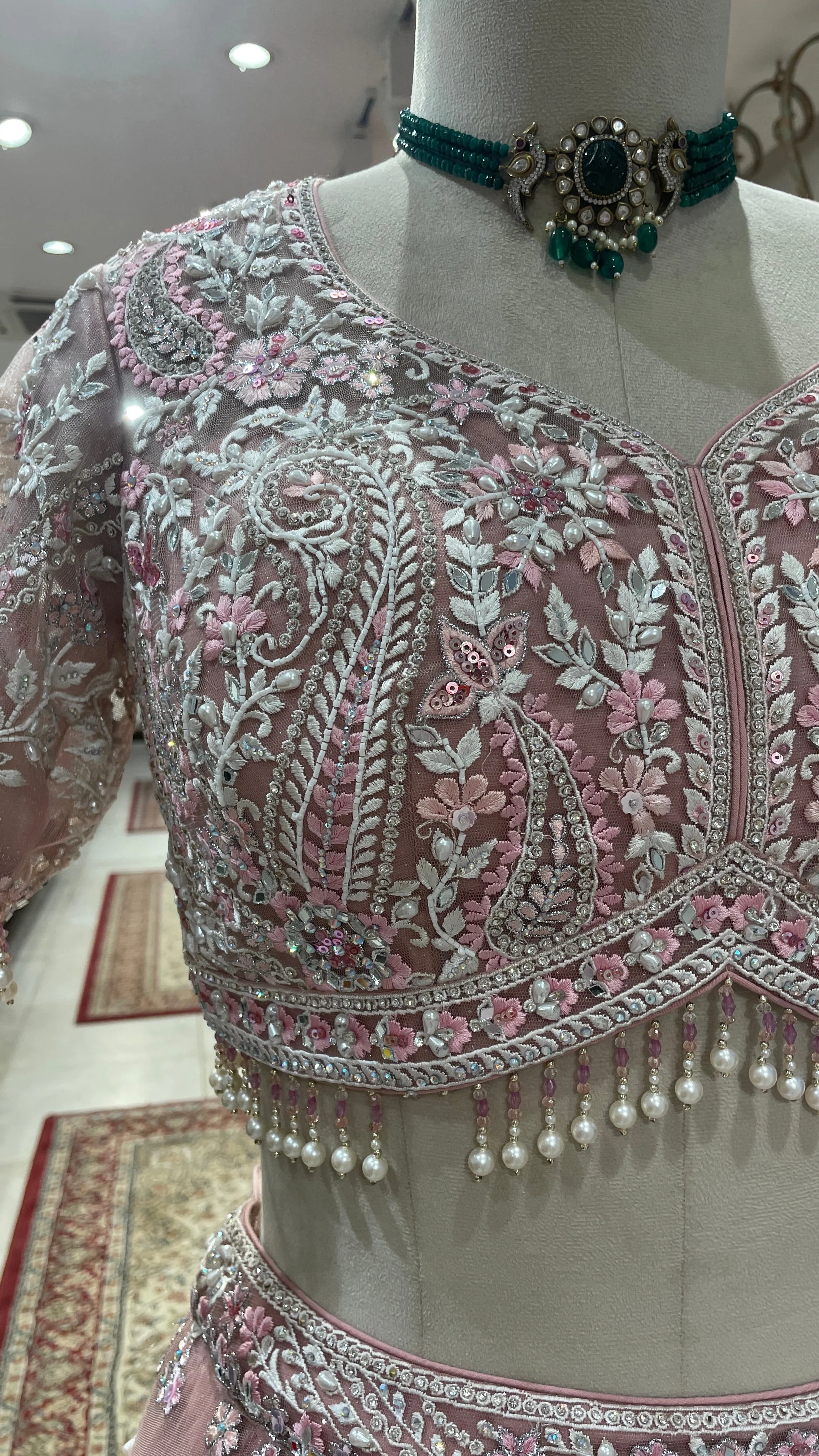 Pink Net Lehenga with Mirrorwork & Floral Motifs - Image 2